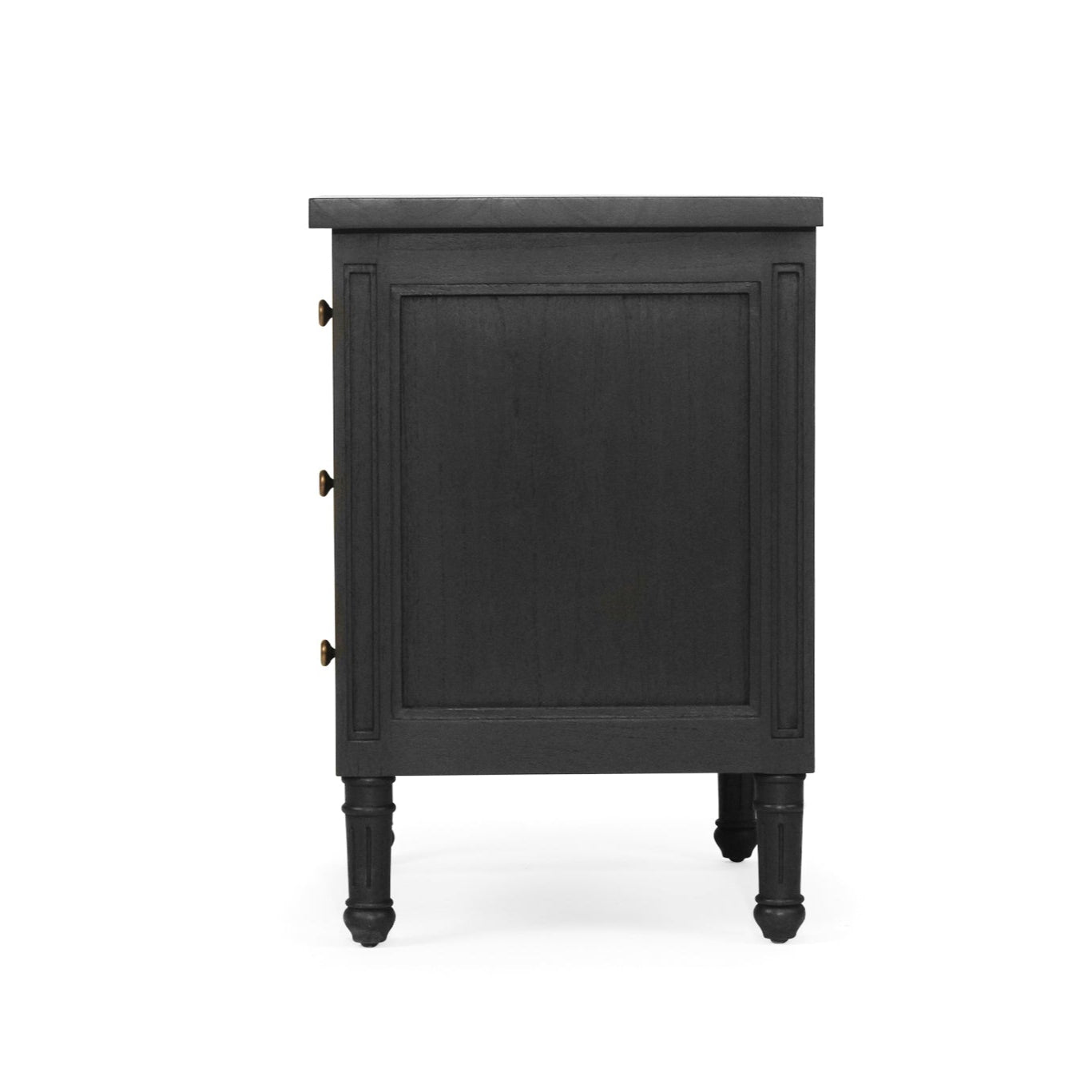 Whitsunday 3 Drawer Bedside Table in black with fluted legs and natural cane shelf, solid hardwood coastal bedroom furniture. Side perspective.
