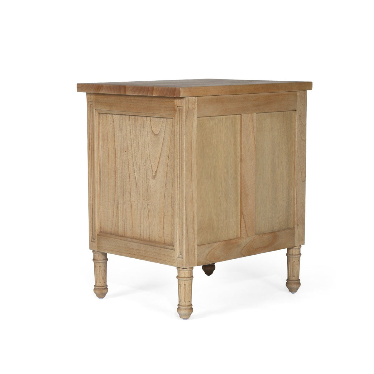 Whitsunday 3 drawer bedside table in weathered oak finish, rear three-quarter view