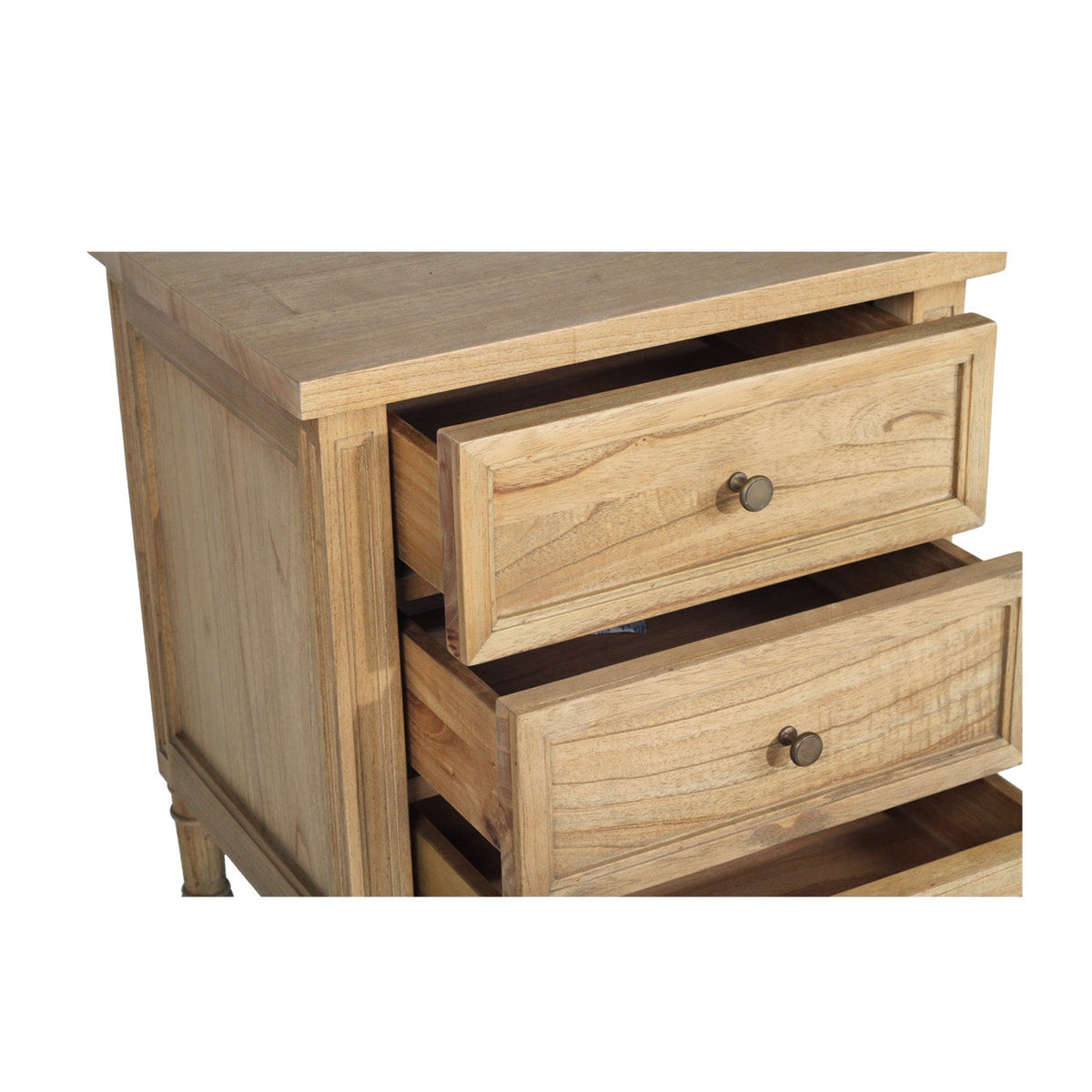 Whitsunday 3 drawer bedside table in weathered oak finish, close-up of two open drawers and framed drawer fronts