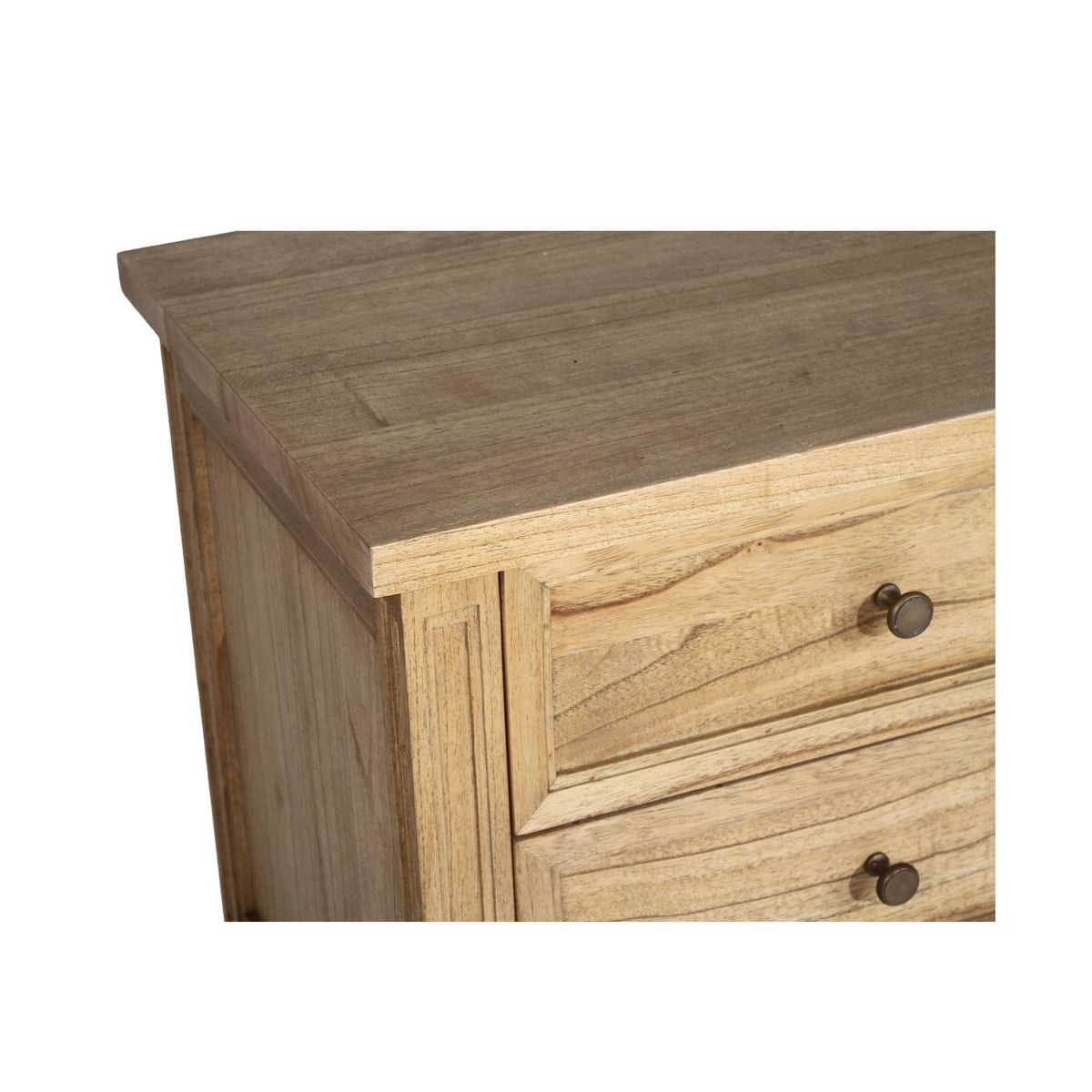 Whitsunday 3 drawer bedside table in weathered oak finish, close-up of the tabletop corner and timber grain