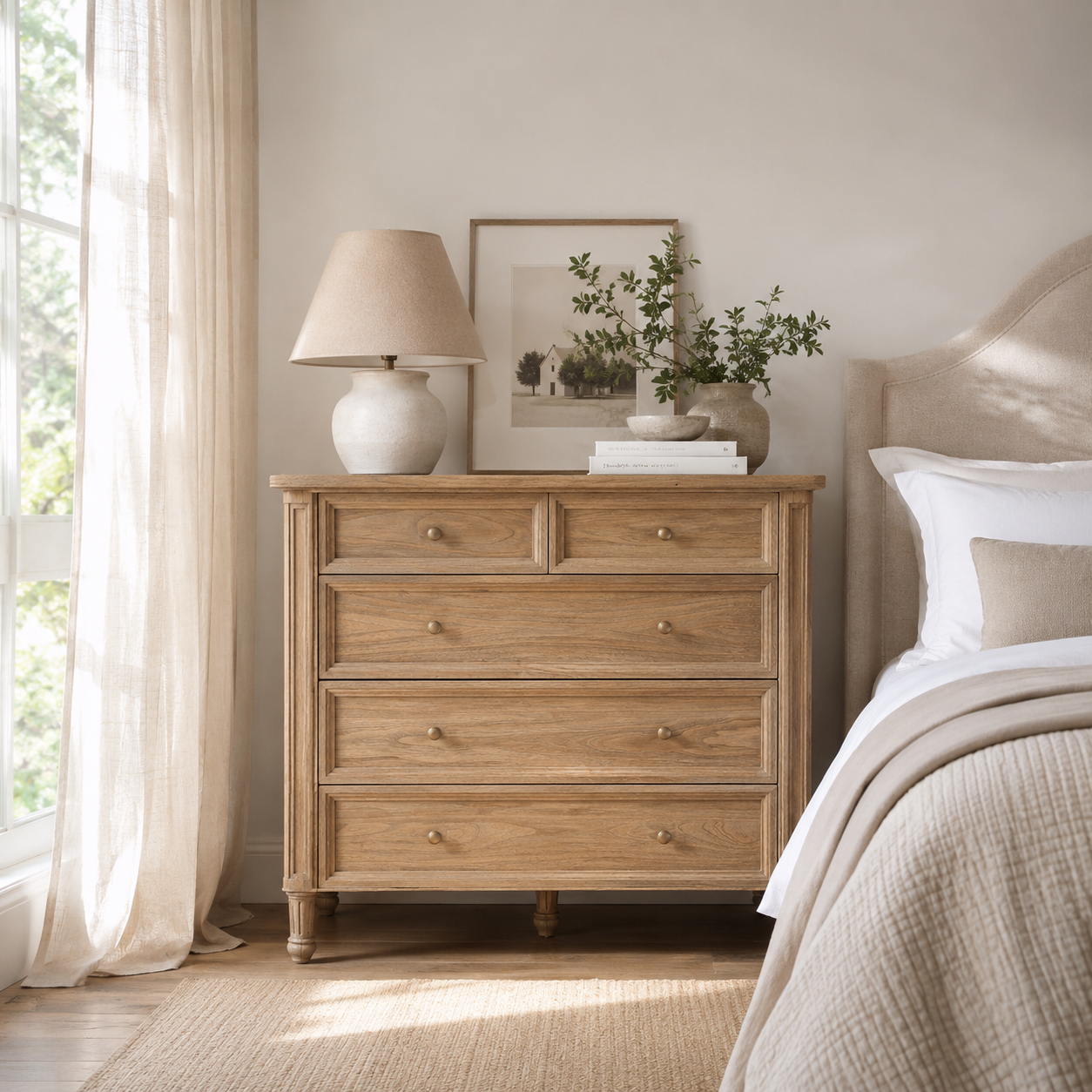 Whitsunday 5 Drawer Chest in White Cedar styled in a soft neutral modern bedroom with natural light, sheer linen curtains and premium coastal Australian interior design inspiration.
