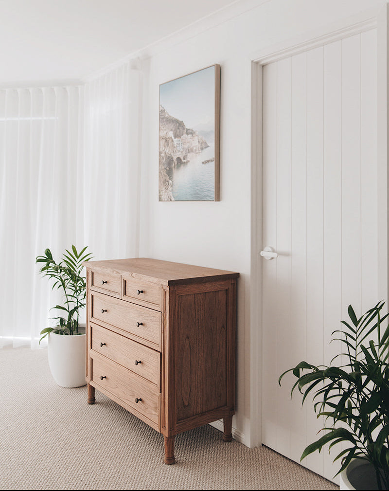 Whitsunday 5 drawer dresser styled in a modern coastal bedroom