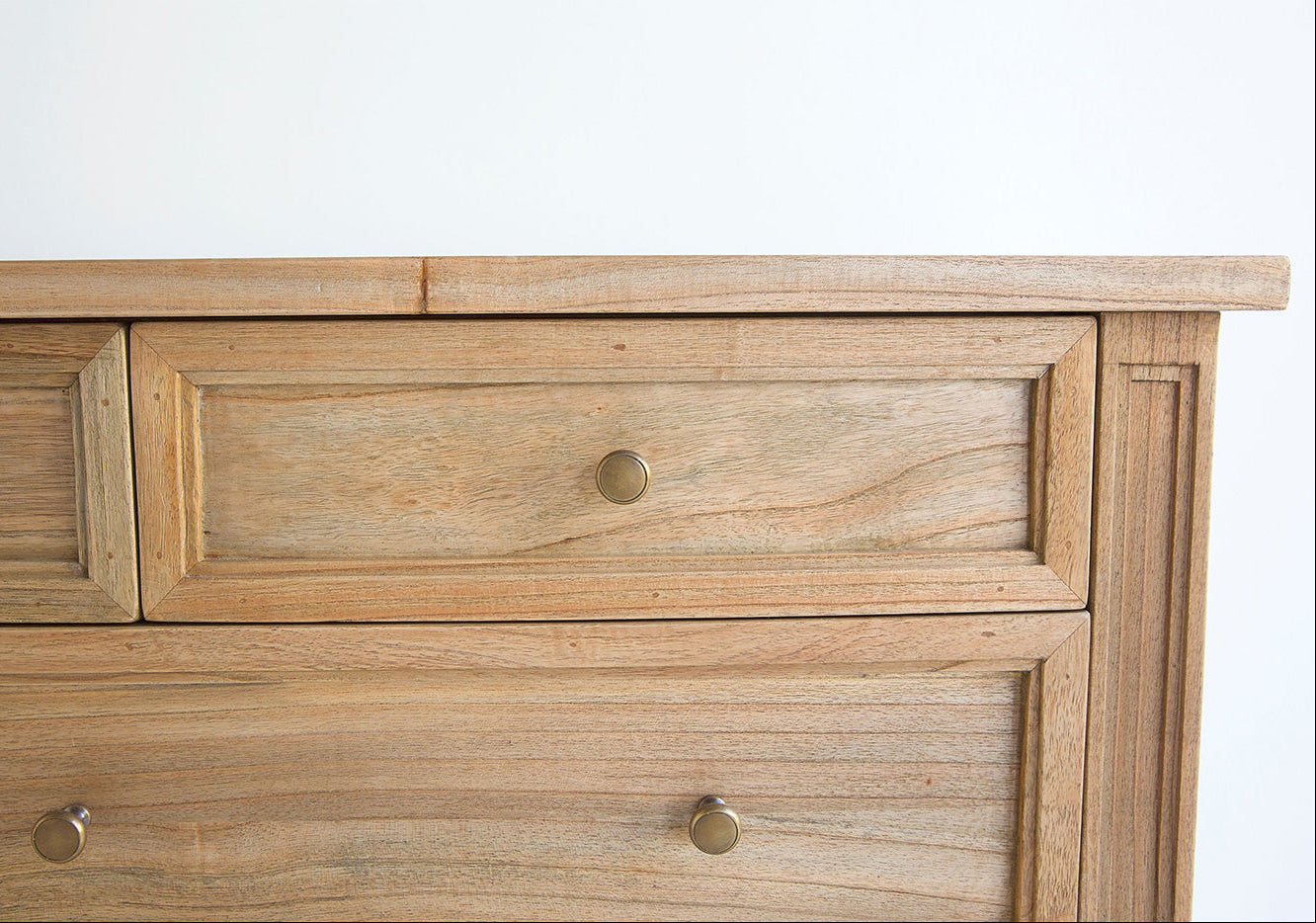 Close-up of white cedar dresser showing drawer detail and weathered oak finish