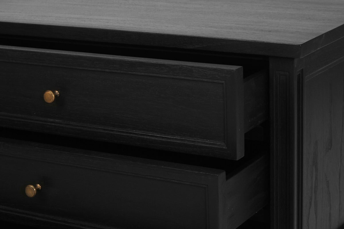 Whitsunday 91cm black three-drawer bedside table, close-up of an open drawer