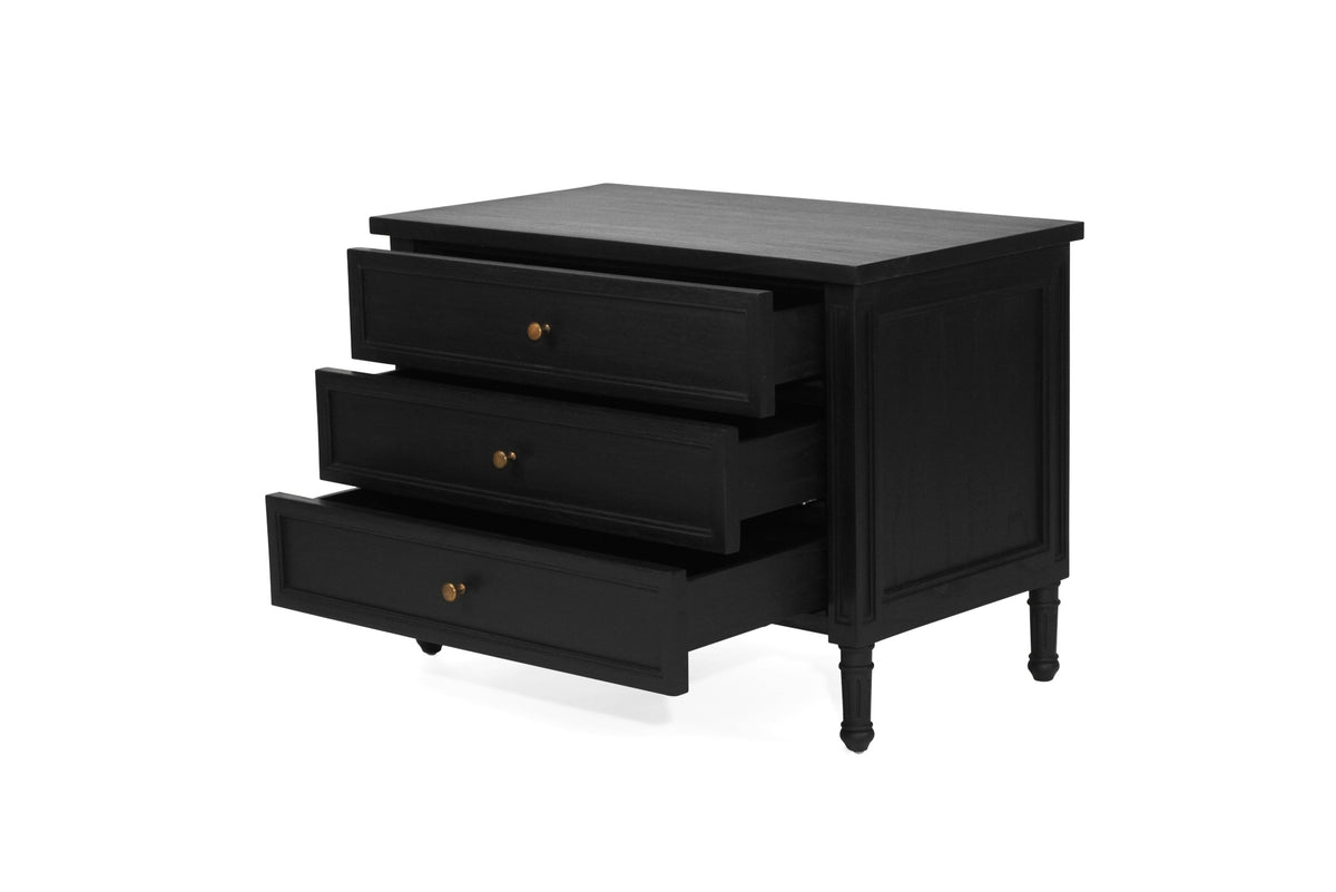 Whitsunday 91cm black three-drawer bedside table, angled view with all three drawers open