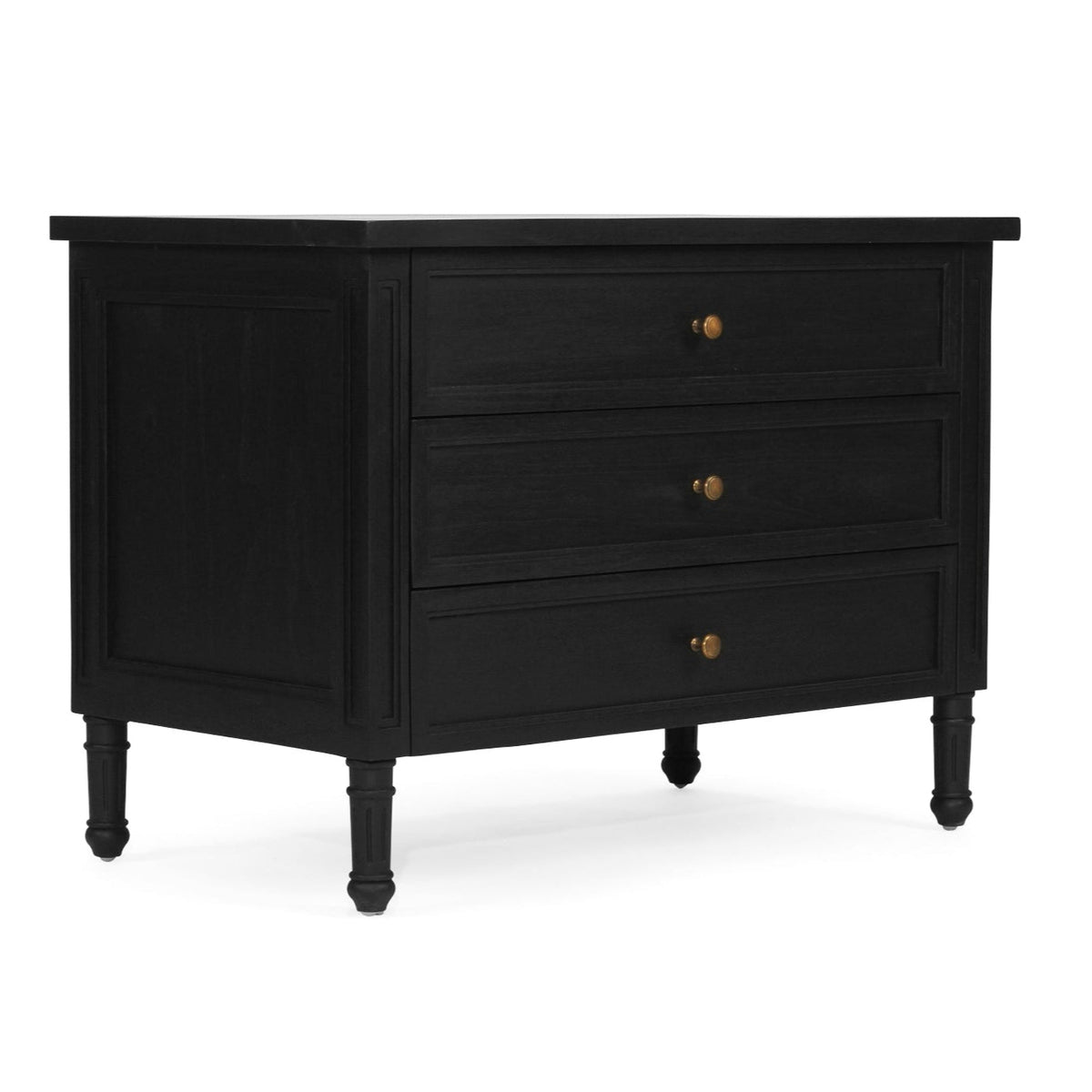 Whitsunday 91cm black three-drawer bedside table, angled front view