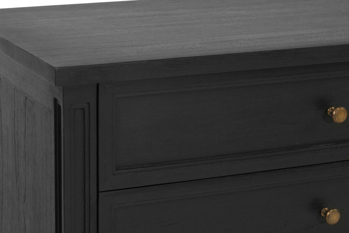 Whitsunday 91cm black three-drawer bedside table, close-up of the tabletop and framed drawers