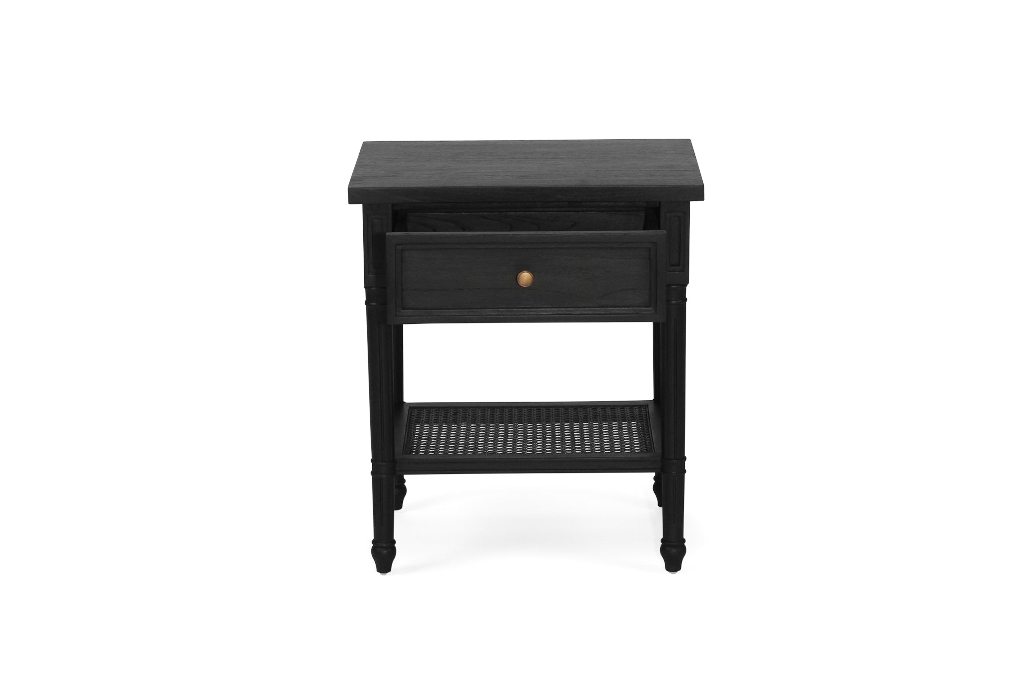 Whitsunday Bedside Table in black with fluted legs and natural cane shelf, solid hardwood coastal bedroom furniture. Front perspective with drawer open.