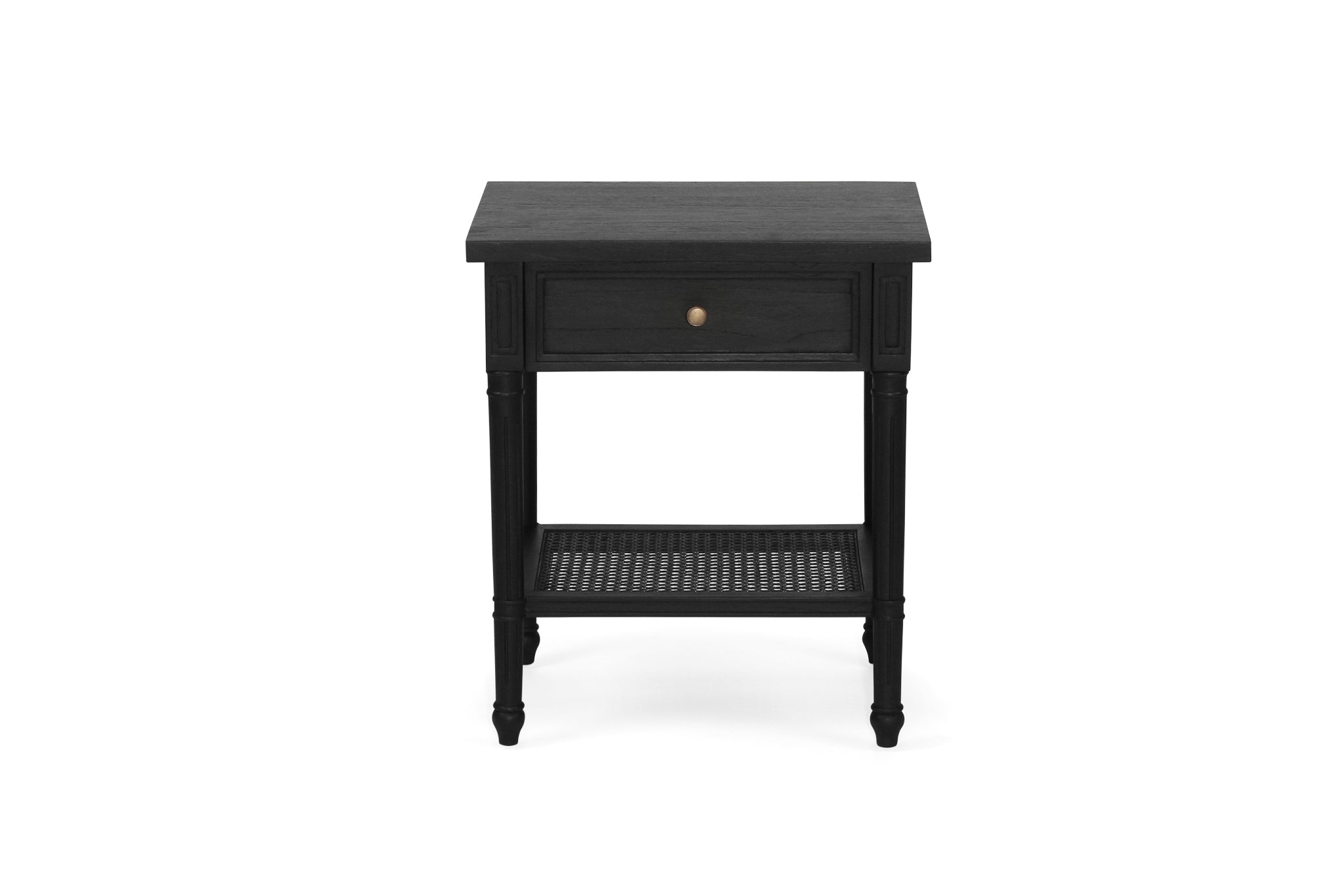 Whitsunday Bedside Table in black with fluted legs and natural cane shelf, solid hardwood coastal bedroom furniture. Front perspective.