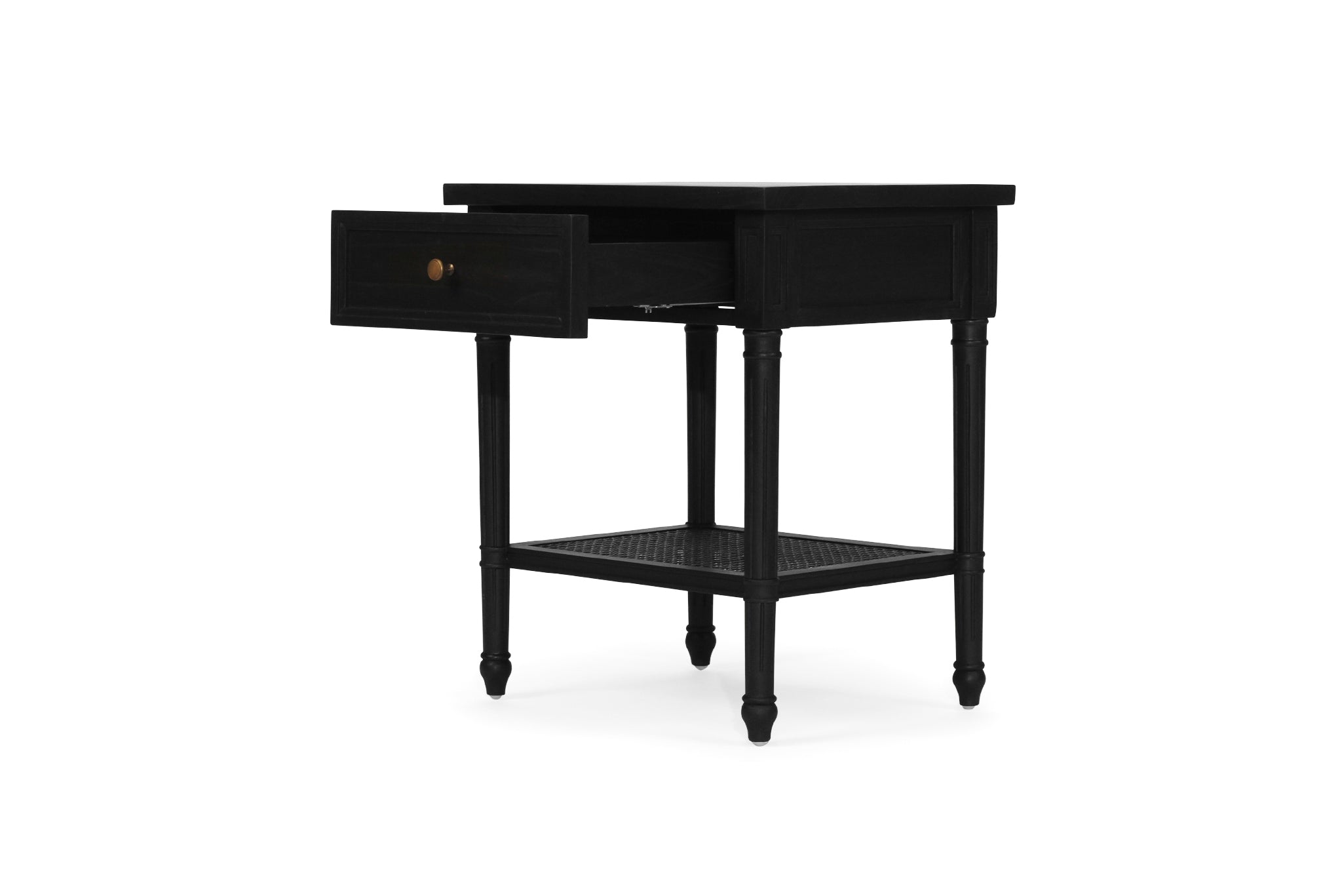 Whitsunday Bedside Table in black with fluted legs and natural cane shelf, solid hardwood coastal bedroom furniture. Drawer open.