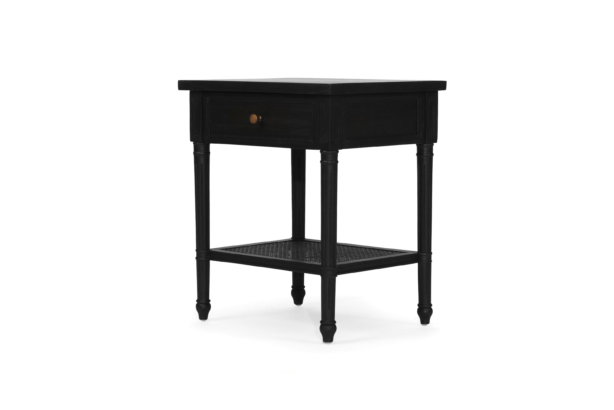 Whitsunday Bedside Table in black with fluted legs and natural cane shelf, solid hardwood coastal bedroom furniture. Front angle perspective.