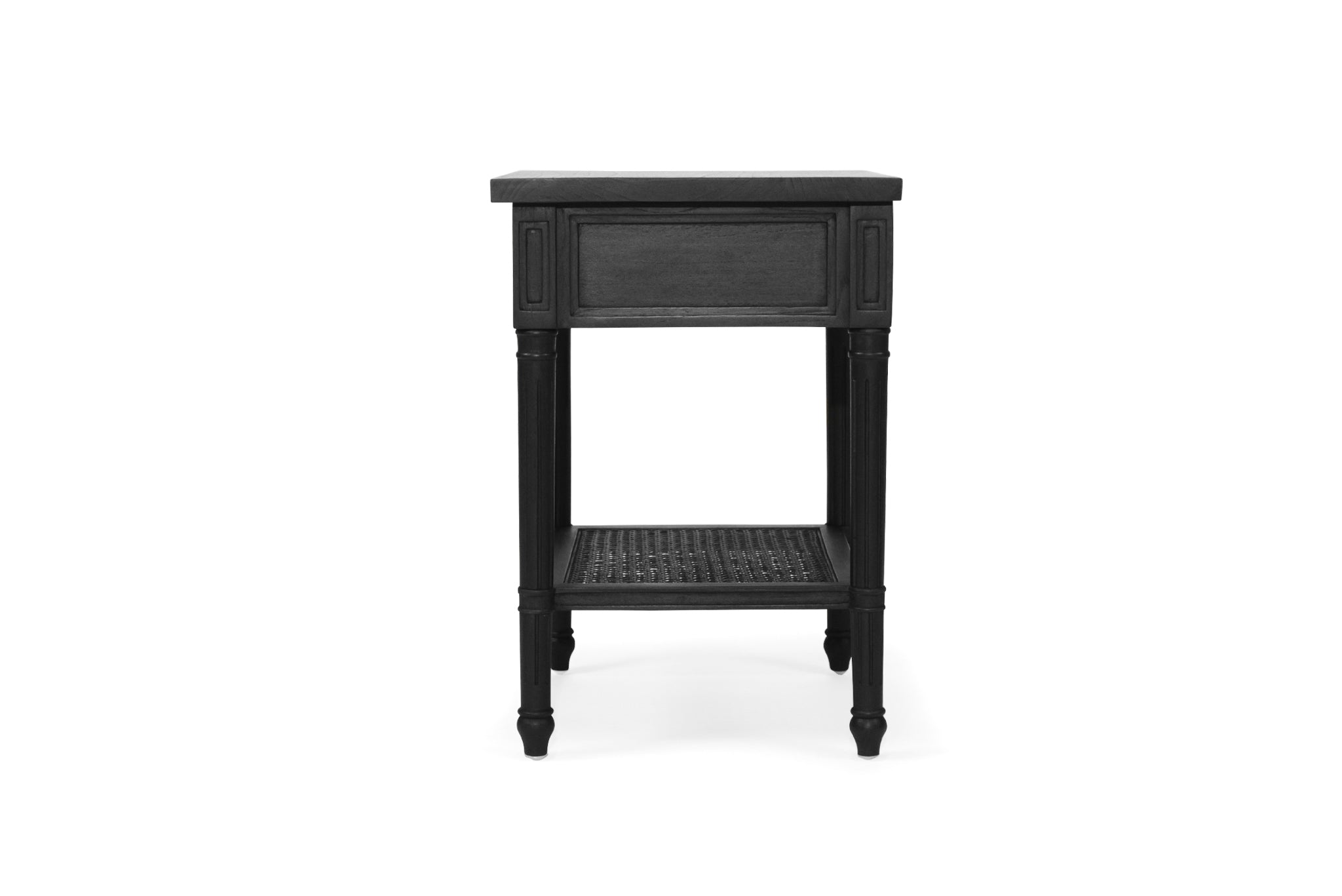 Whitsunday Bedside Table in black with fluted legs and natural cane shelf, solid hardwood coastal bedroom furniture. Side perspective.