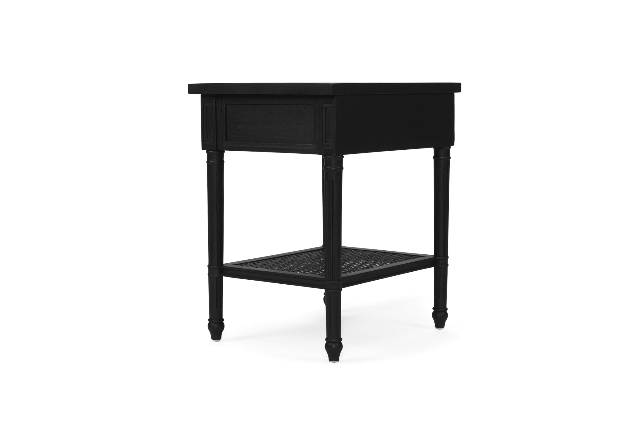 Whitsunday Bedside Table in black with fluted legs and natural cane shelf, solid hardwood coastal bedroom furniture. Side angle perspective.