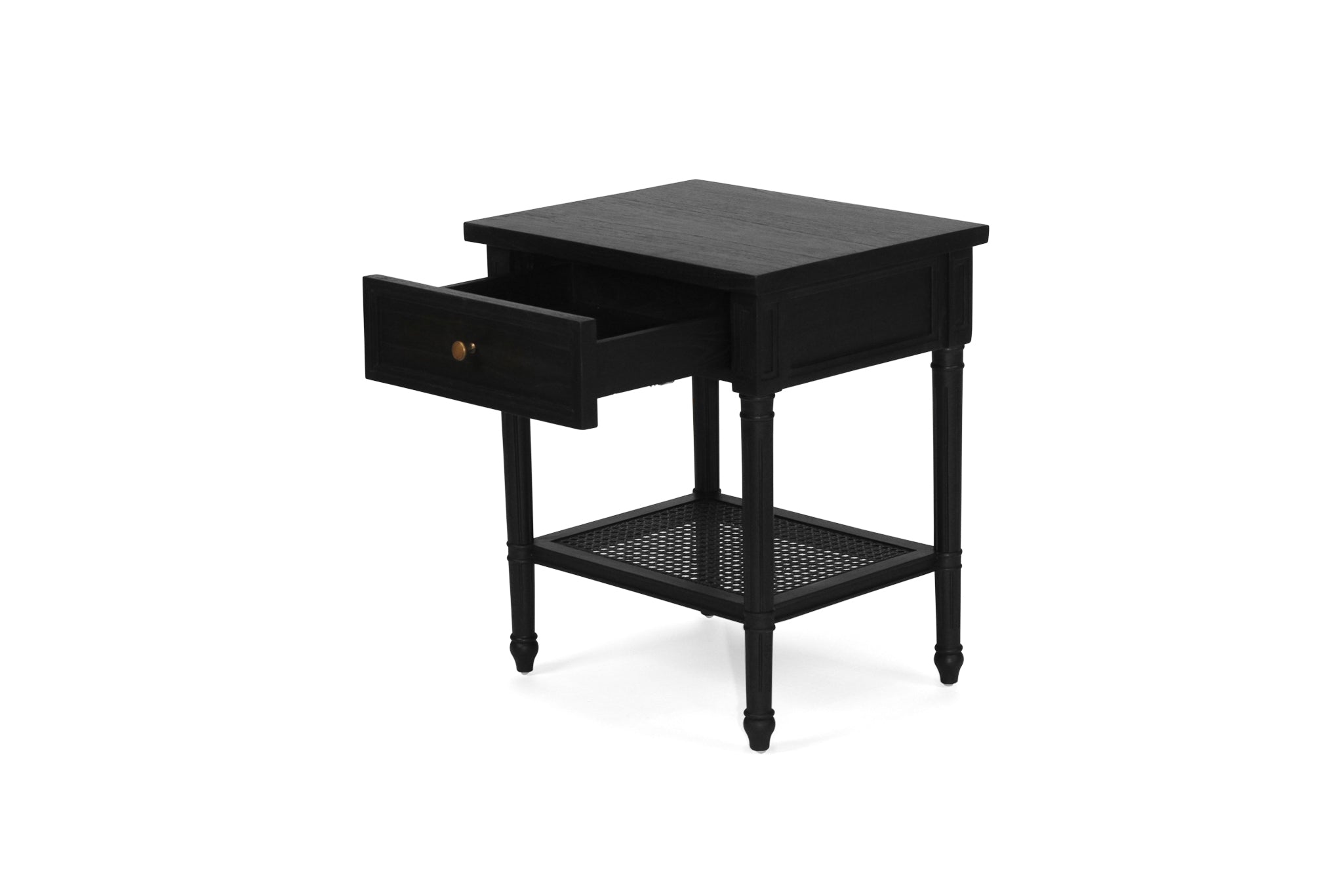 Whitsunday Bedside Table in black with fluted legs and natural cane shelf, solid hardwood coastal bedroom furniture. Front perspective with drawer out.