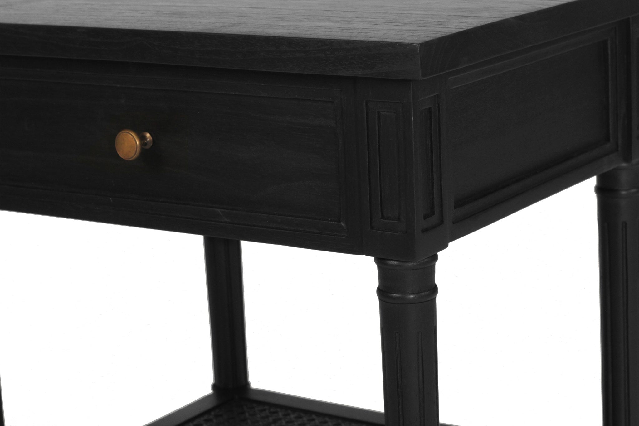 Whitsunday Bedside Table in black with fluted legs and natural cane shelf, solid hardwood coastal bedroom furniture. Drawer close up.