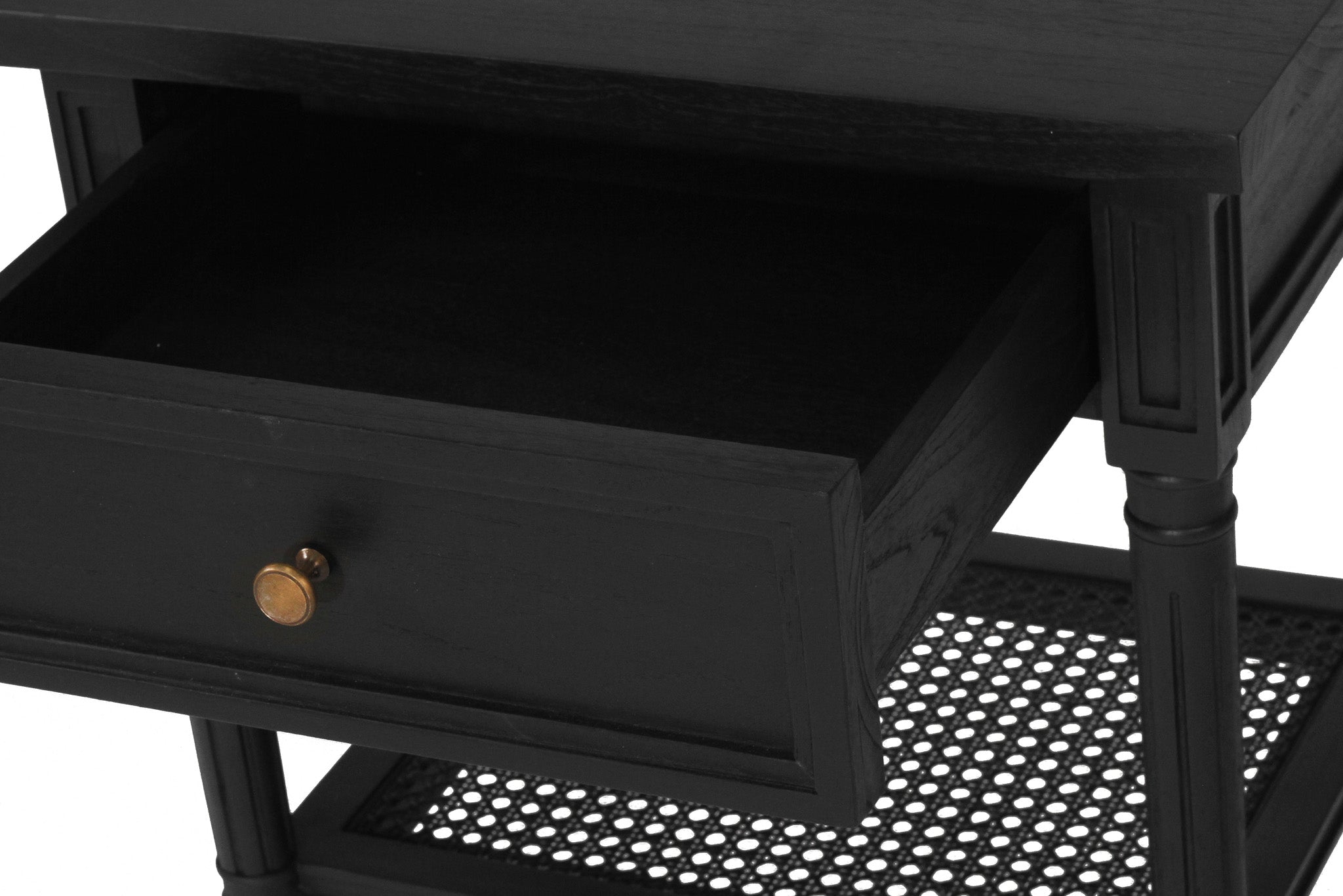 Whitsunday Bedside Table in black with fluted legs and natural cane shelf, solid hardwood coastal bedroom furniture. Drawer close up.