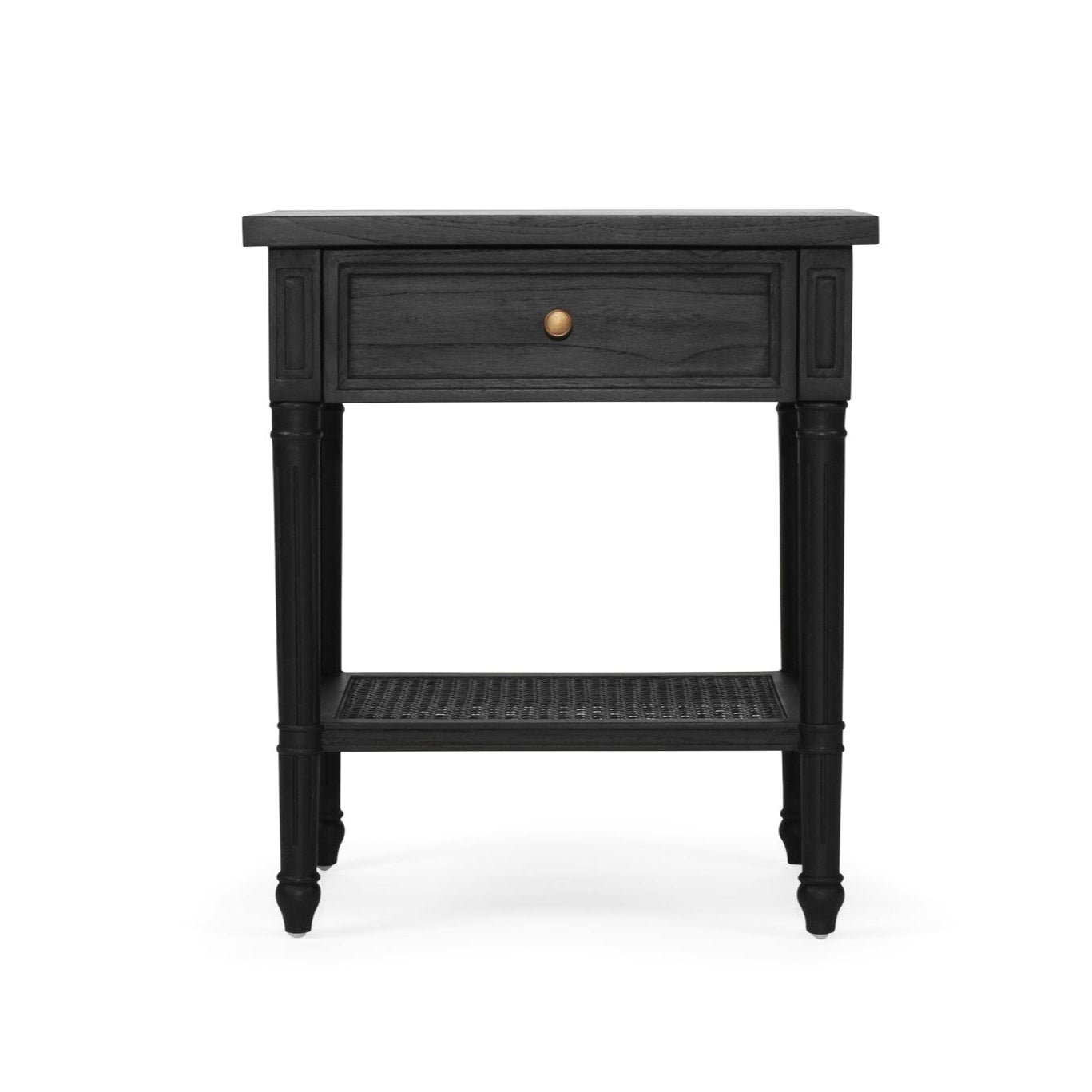 Whitsunday Bedside Table in black with fluted legs and natural cane shelf, solid hardwood coastal bedroom furniture.