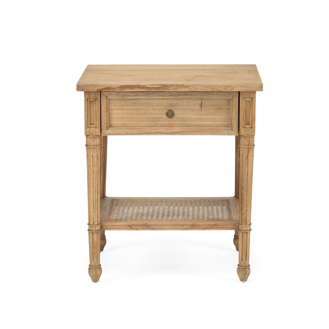 Whitsunday bedside table in weathered oak finish crafted from solid white cedar timber with natural cane shelf - Front view