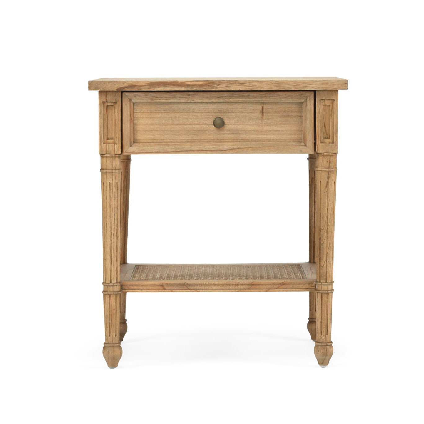 Whitsunday bedside table in weathered oak finish crafted from solid white cedar timber with natural cane shelf