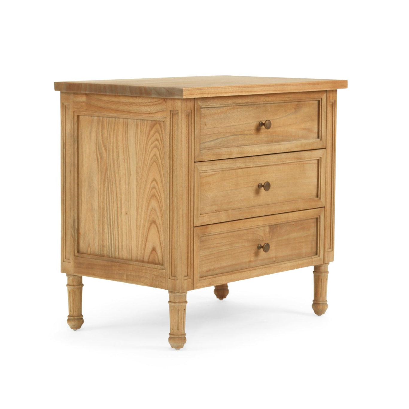 Whitsunday 3 Drawer Bedside Table in weathered oak, solid hardwood with fluted legs, coastal bedroom furniture with timeless design. Front angle perspective.