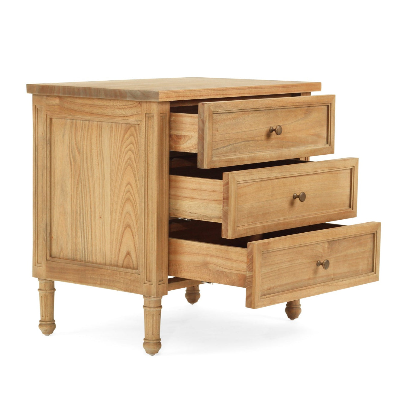 Whitsunday 3 Drawer Bedside Table in weathered oak, solid hardwood with fluted legs, coastal bedroom furniture with timeless design. Front drawers out.