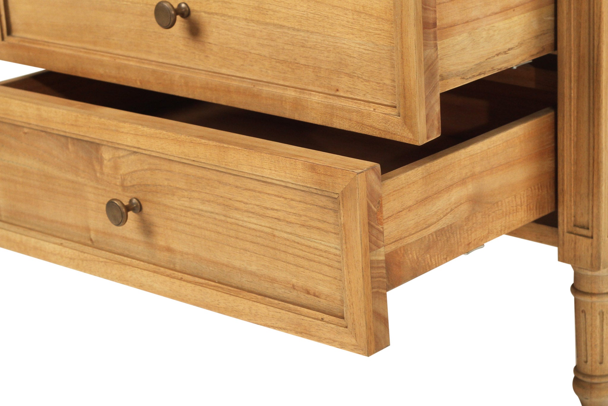 Whitsunday 3 Drawer Bedside Table in weathered oak, solid hardwood with fluted legs, coastal bedroom furniture with timeless design. Drawers open.