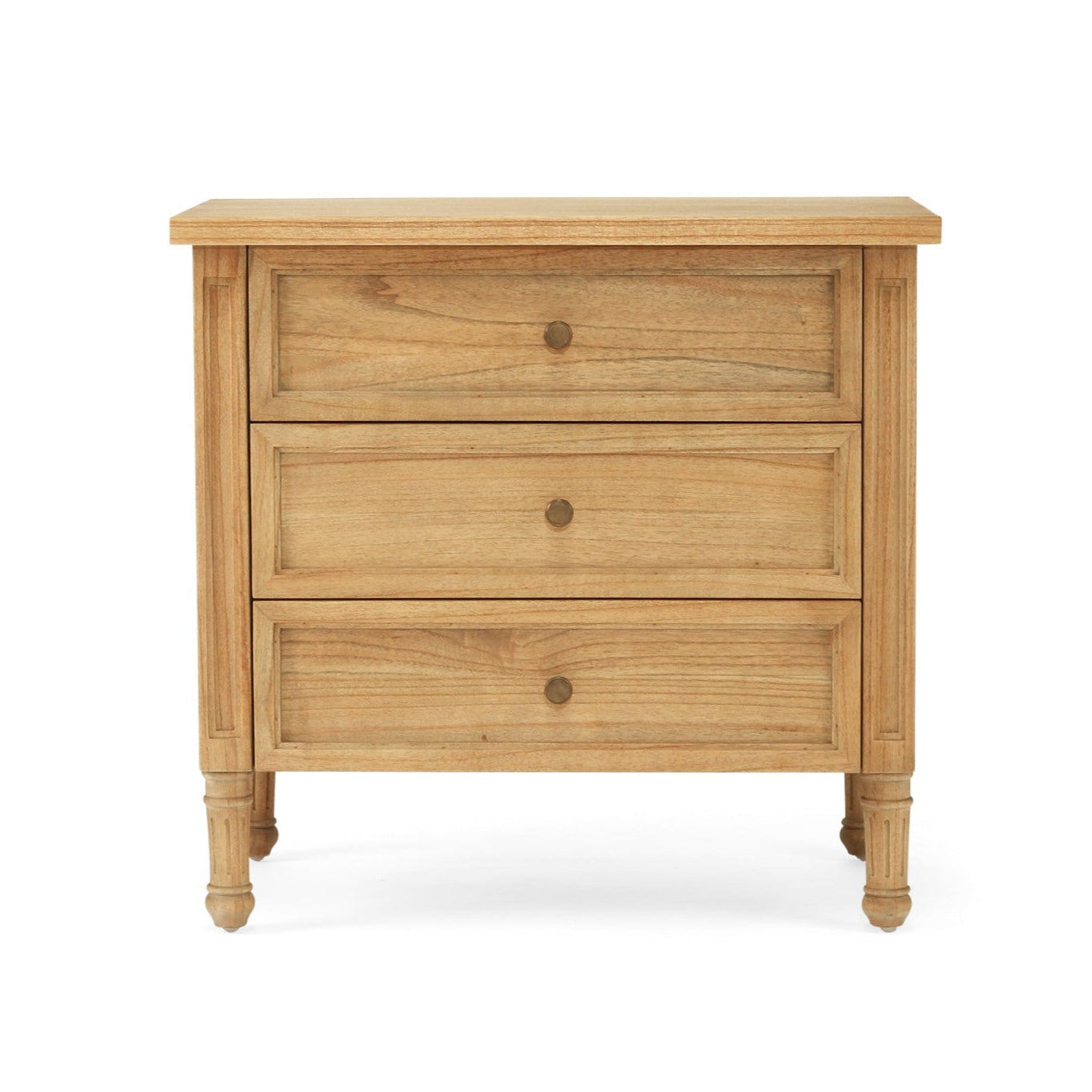 Whitsunday 3 Drawer Bedside Table in weathered oak, solid hardwood with fluted legs, coastal bedroom furniture with timeless design.