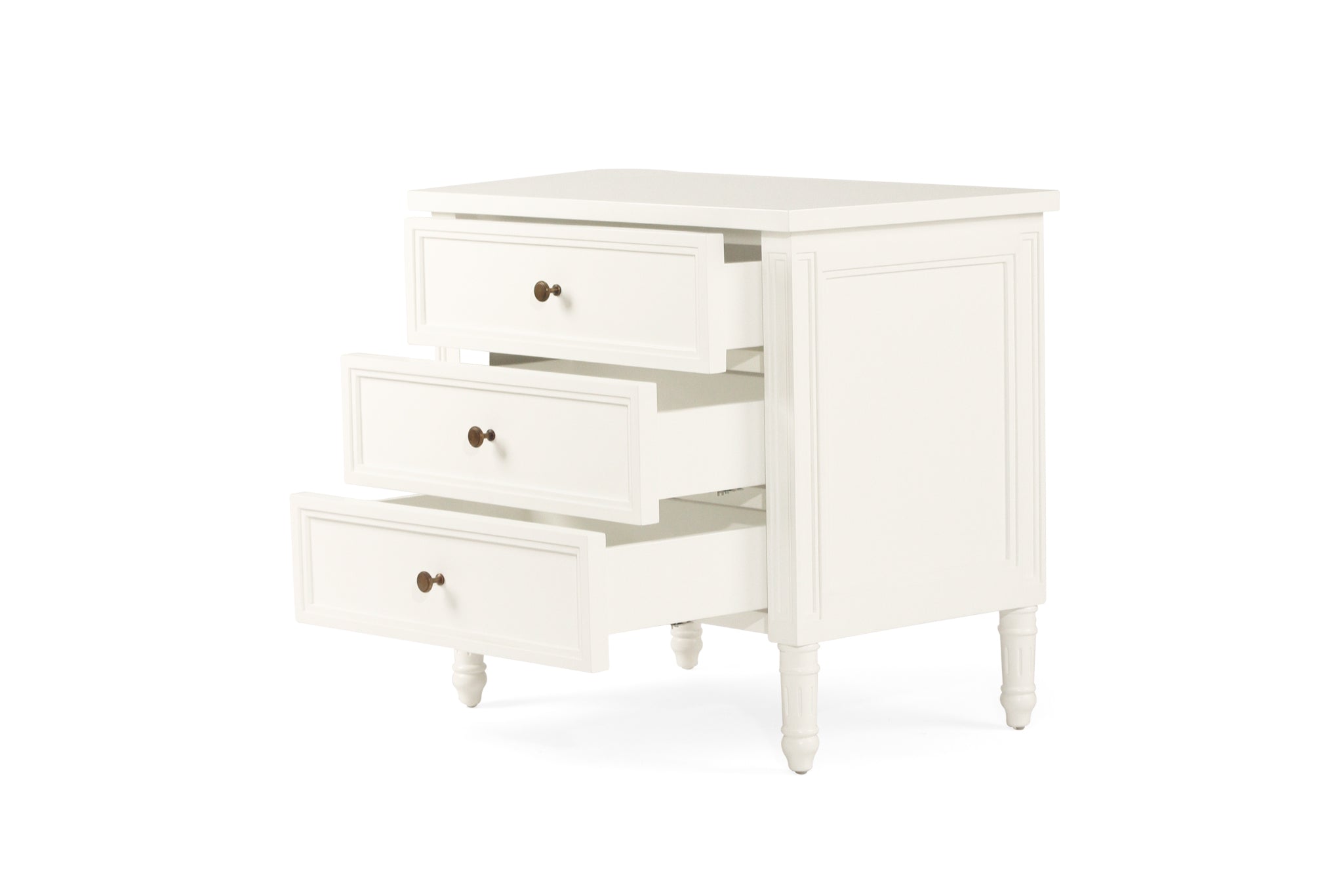 Whitsunday 3 Drawer Bedside Table in white gloss finish with fluted legs, coastal bedroom furniture delivered fully assembled. Drawers out perpsective.