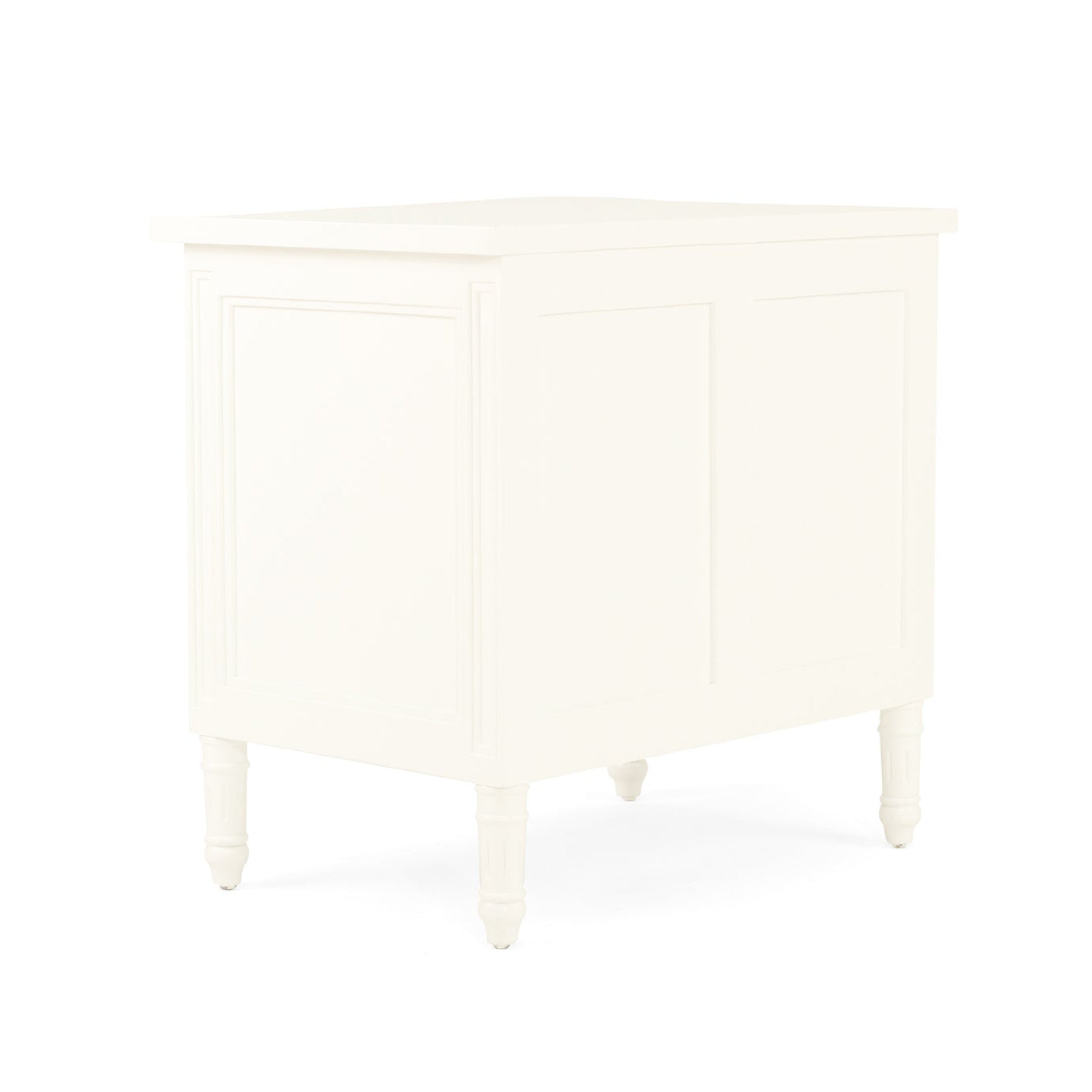Back view of Whitsunday white bedside table with fluted legs and gloss finish