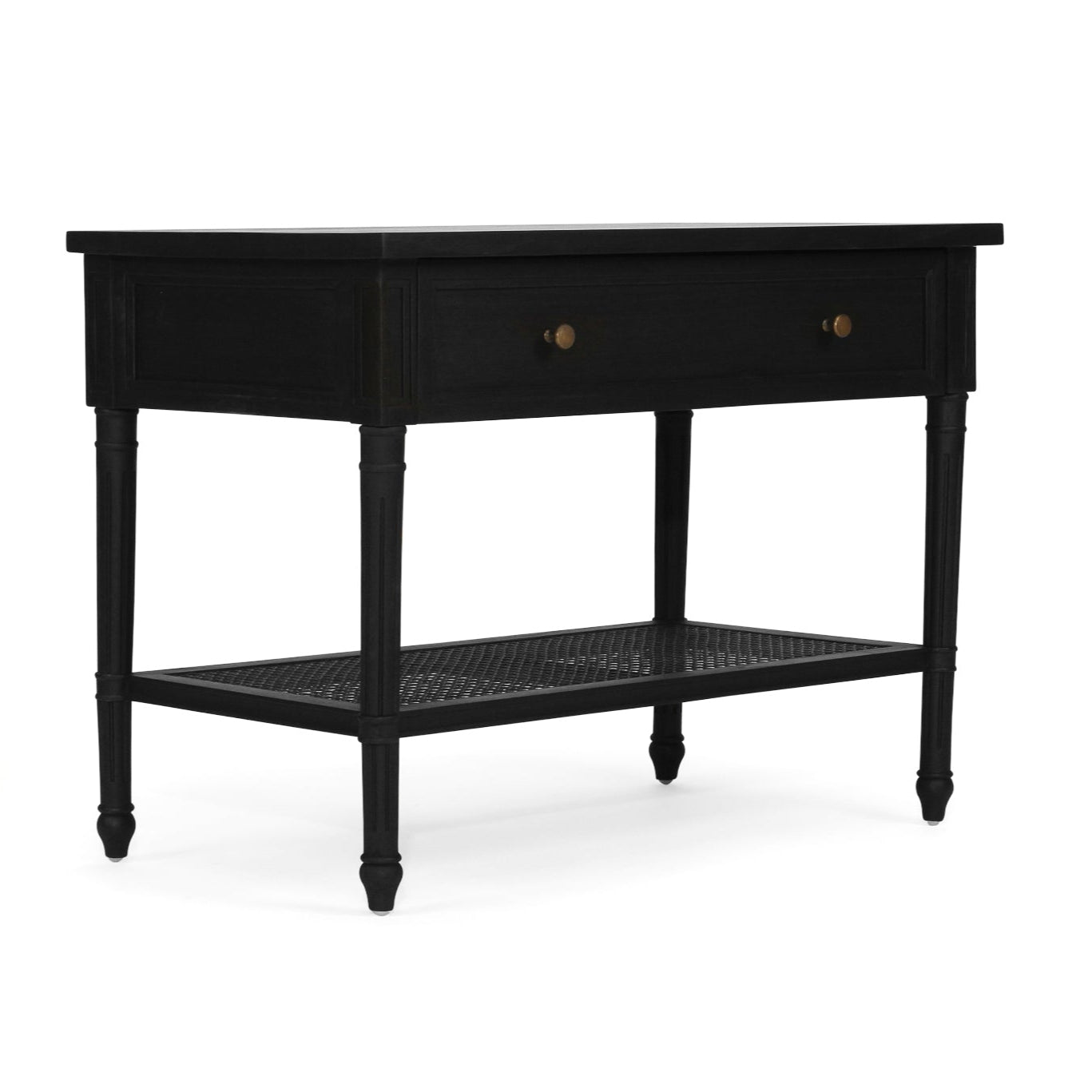Whitsunday Wide Nightstand in black, solid hardwood bedside table with single drawer and cane shelf, classic coastal bedroom furniture with beachside charm. Front angle perspective.