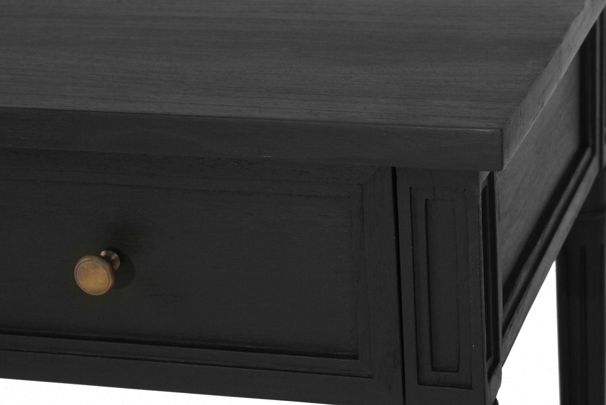 Whitsunday Wide Nightstand in black, solid hardwood bedside table with single drawer and cane shelf, classic coastal bedroom furniture with beachside charm. Drawer close up.