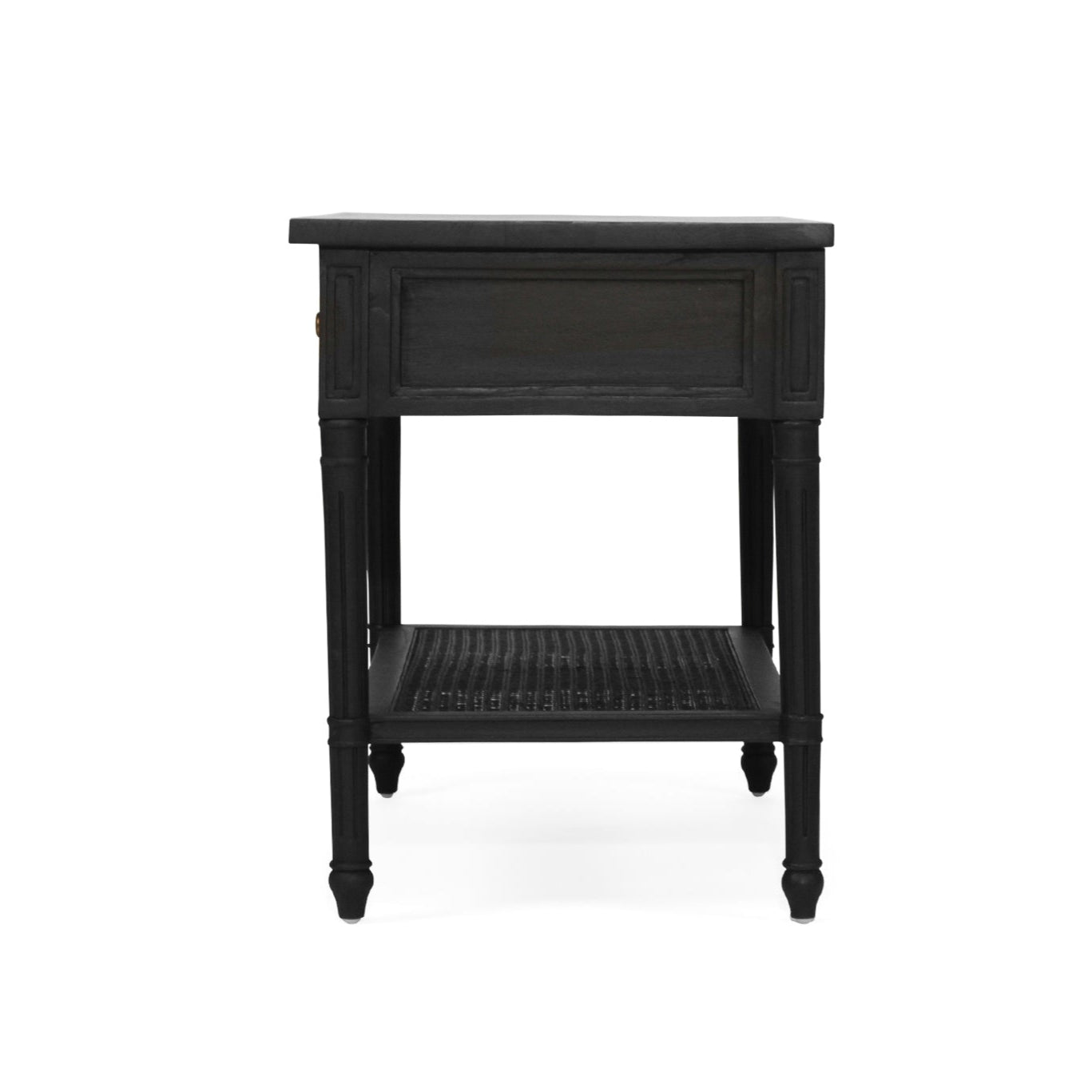 Whitsunday Wide Nightstand in black, solid hardwood bedside table with single drawer and cane shelf, classic coastal bedroom furniture with beachside charm. Side perspective.