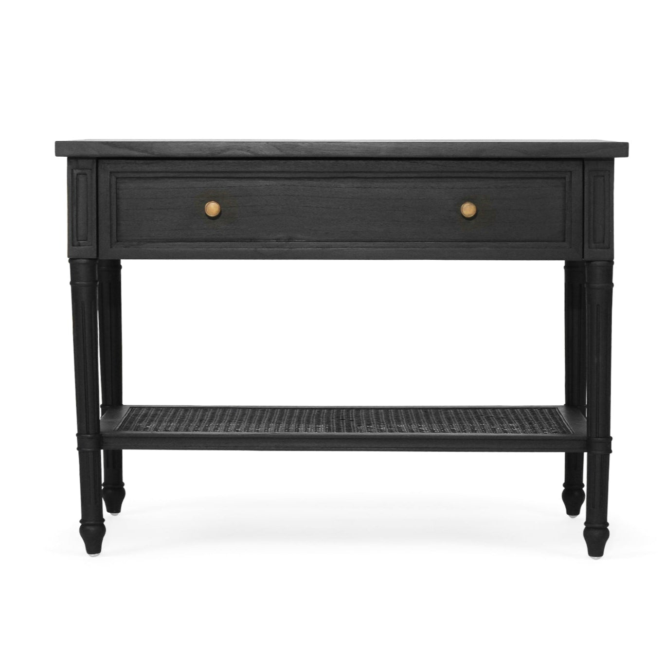 Whitsunday Wide Nightstand in black, solid hardwood bedside table with single drawer and cane shelf, classic coastal bedroom furniture with beachside charm.