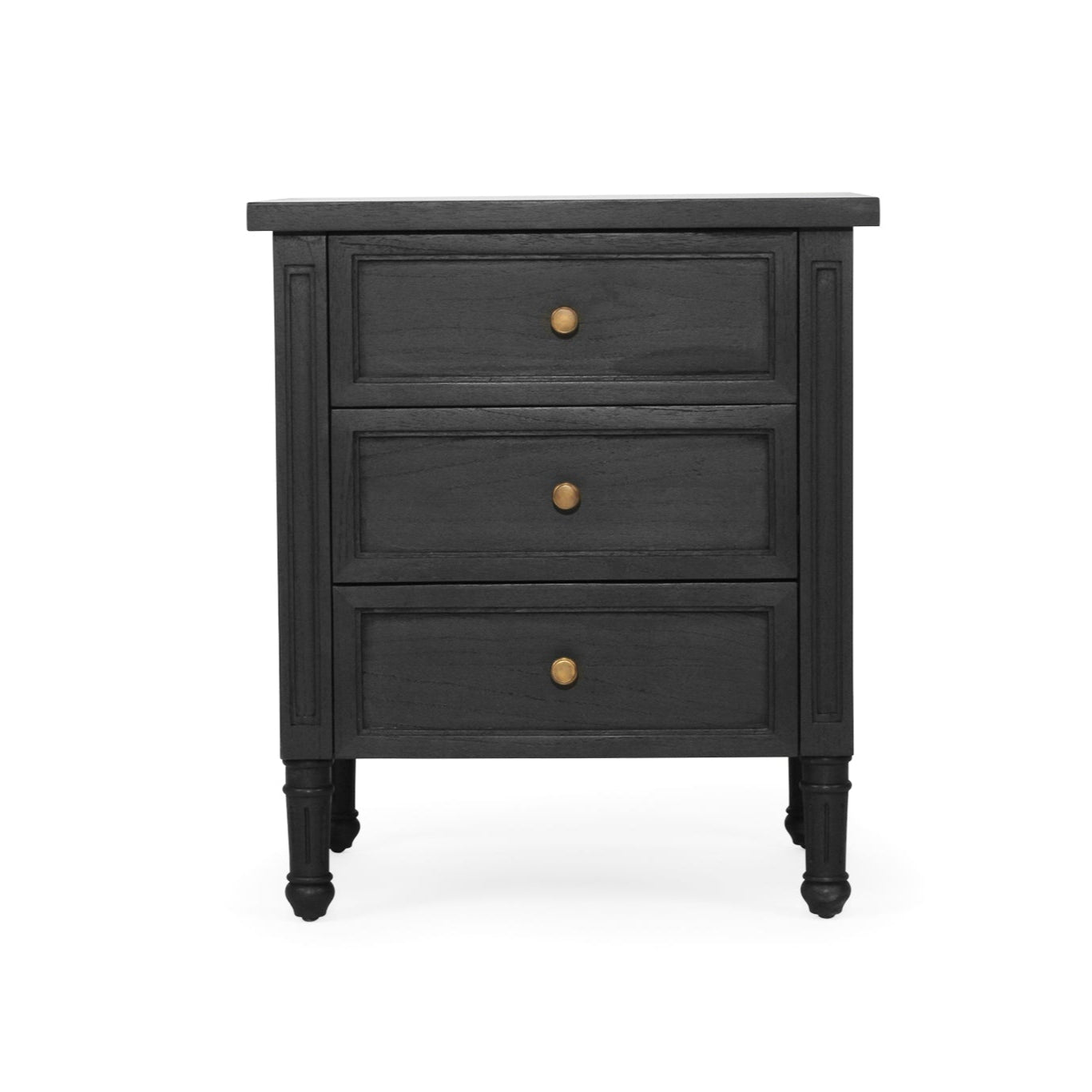 Whitsunday 3 Drawer Bedside Table in black with fluted legs and natural cane shelf, solid hardwood coastal bedroom furniture.