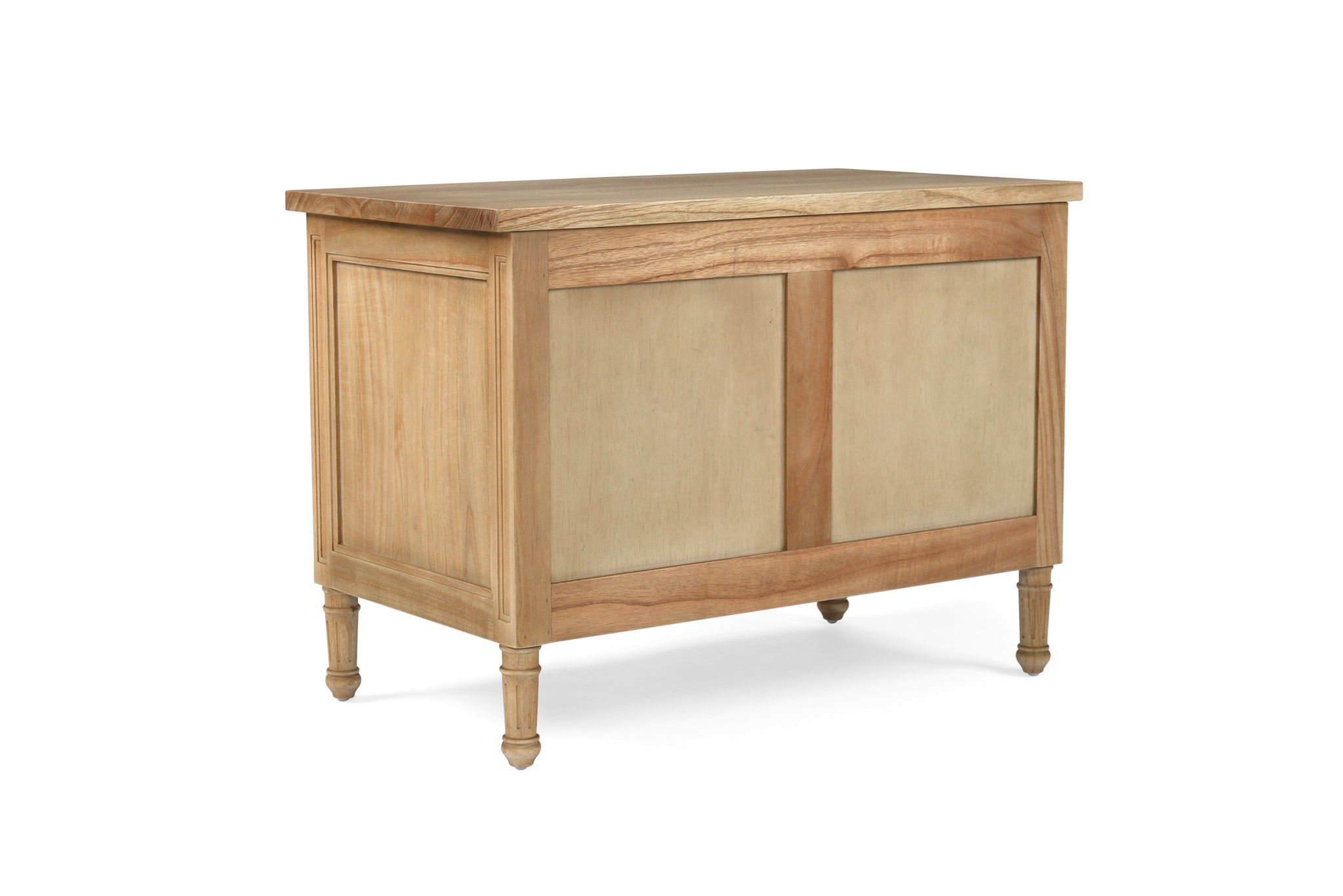 Whitsunday 3 Drawer Wide Nightstand in weathered oak, solid hardwood bedside table with three drawers, coastal bedroom furniture with timeless beachside charm. Back view