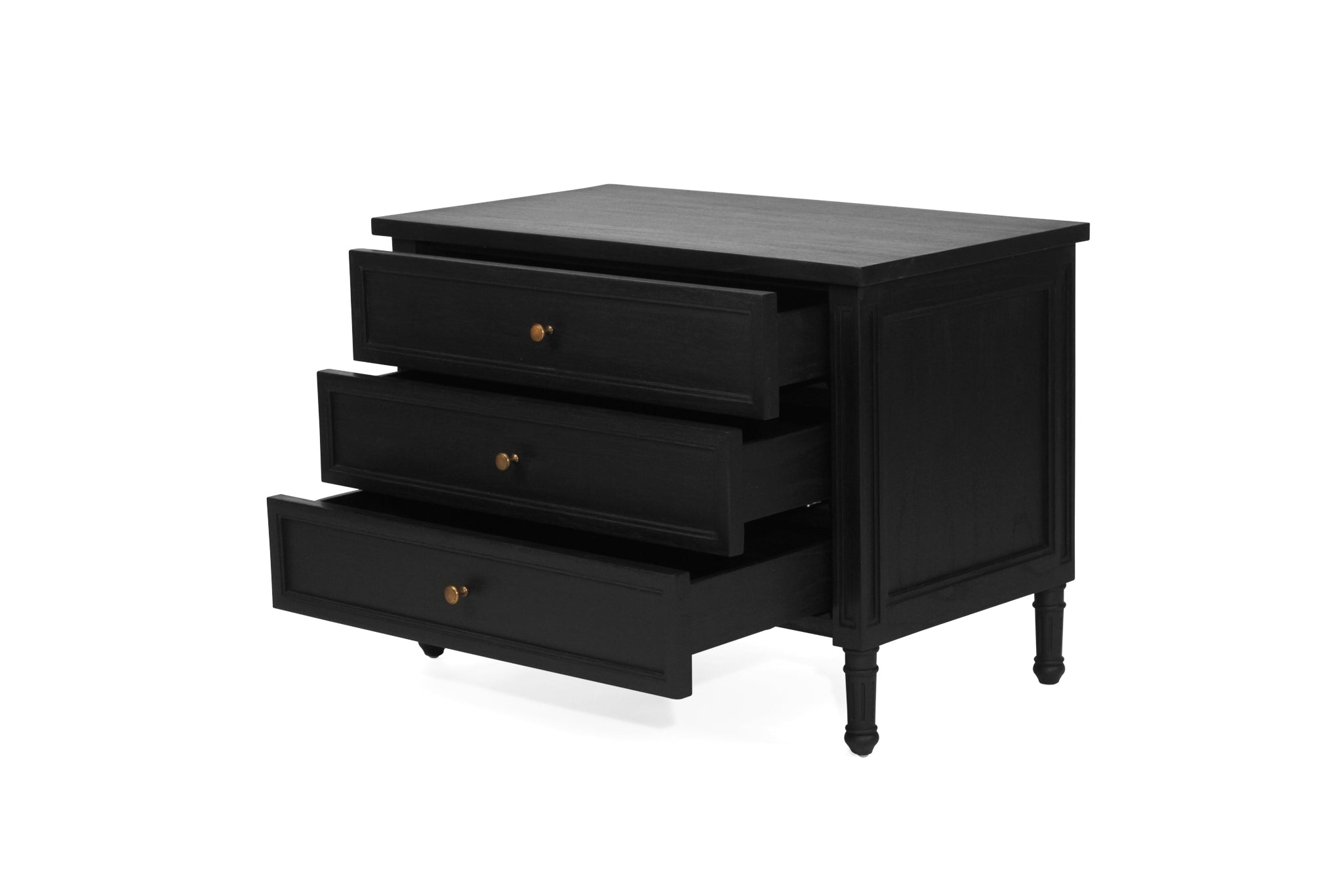 Whitsunday Wide Nightstand in black, solid hardwood bedside table with three drawers, coastal bedroom furniture with timeless beachside charm. Drawers open.