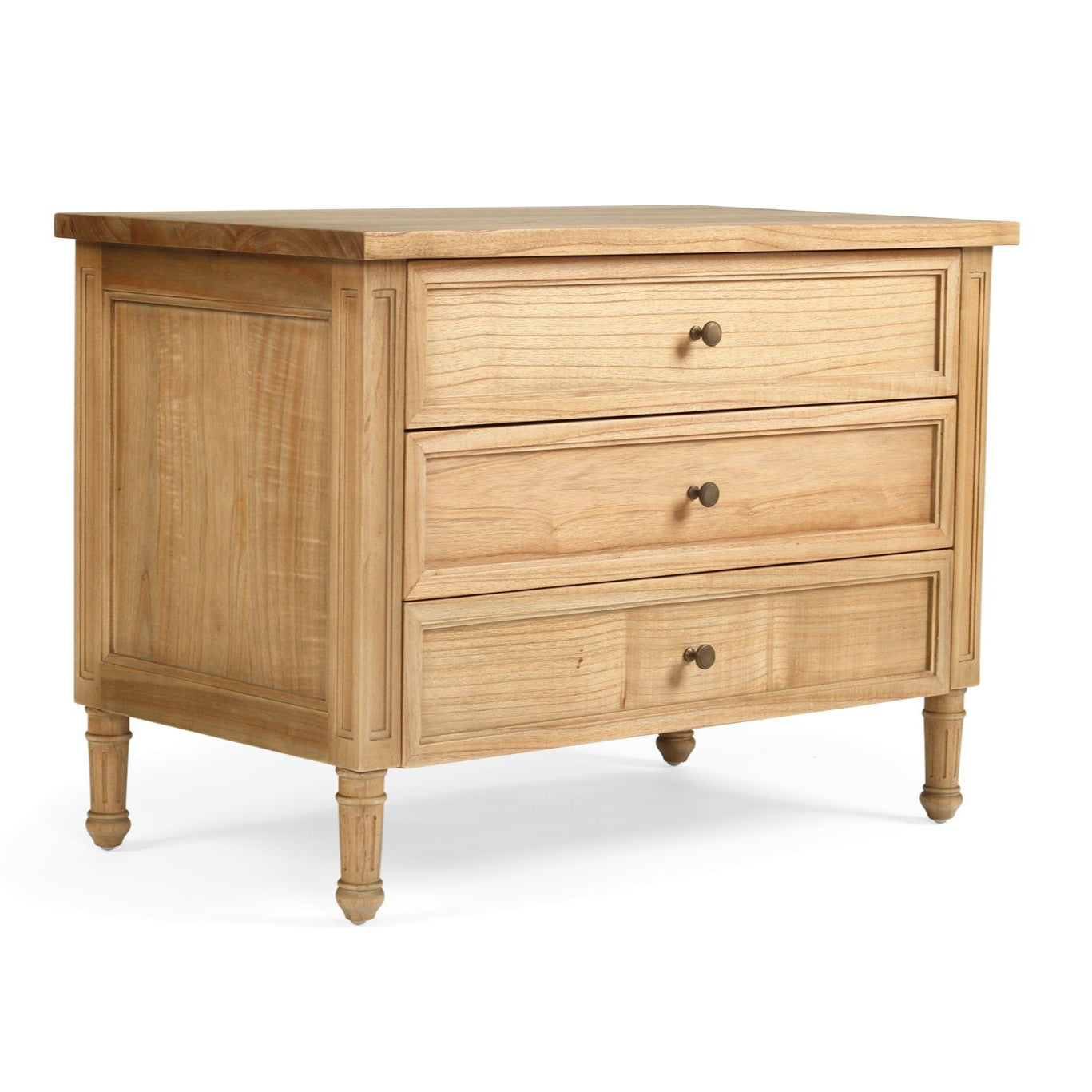 Whitsunday 3 Drawer Wide Nightstand in weathered oak, solid hardwood bedside table with three drawers, coastal bedroom furniture with timeless beachside charm. Front angle.
