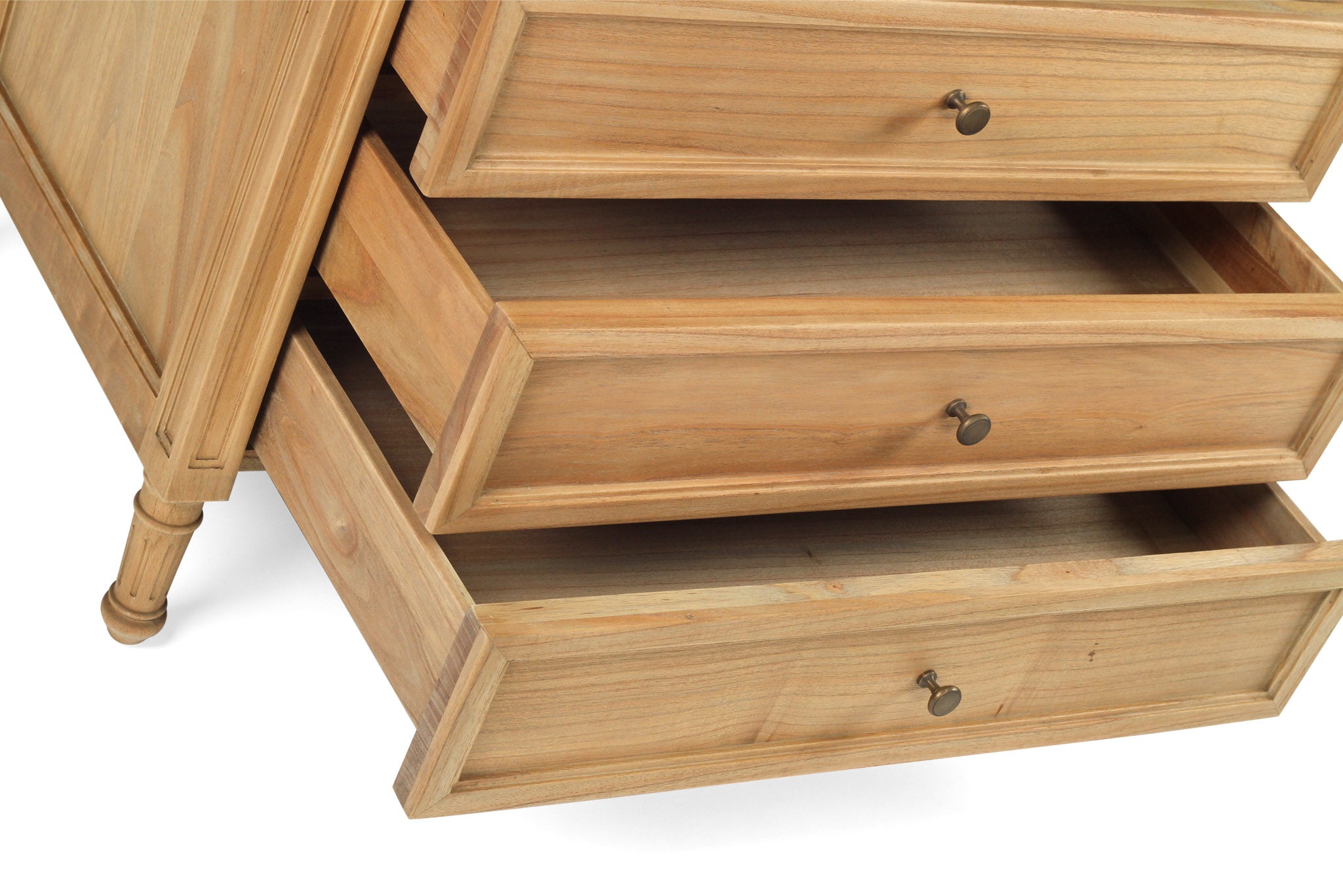 Whitsunday 3 Drawer Wide Nightstand in weathered oak, solid hardwood bedside table with three drawers, coastal bedroom furniture with timeless beachside charm. Draws open.