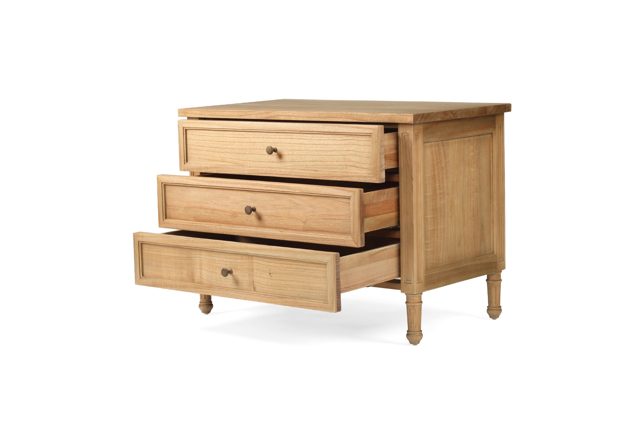 Whitsunday 3 Drawer Wide Nightstand in weathered oak, solid hardwood bedside table with three drawers, coastal bedroom furniture with timeless beachside charm. Draws out.