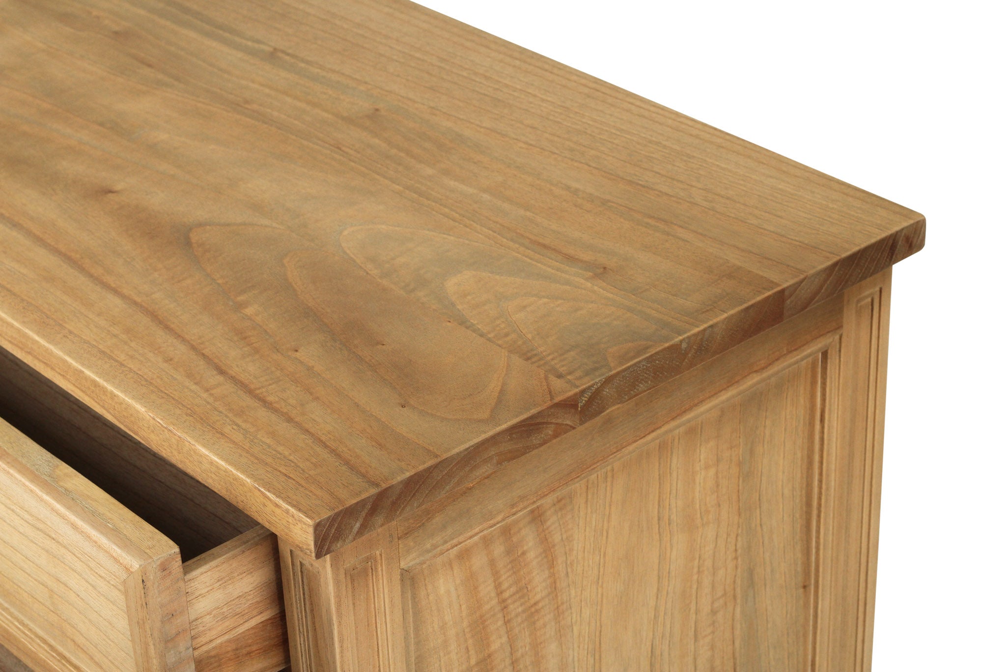 Whitsunday 3 Drawer Wide Nightstand in weathered oak, solid hardwood bedside table with three drawers, coastal bedroom furniture with timeless beachside charm. Top perspective 1.