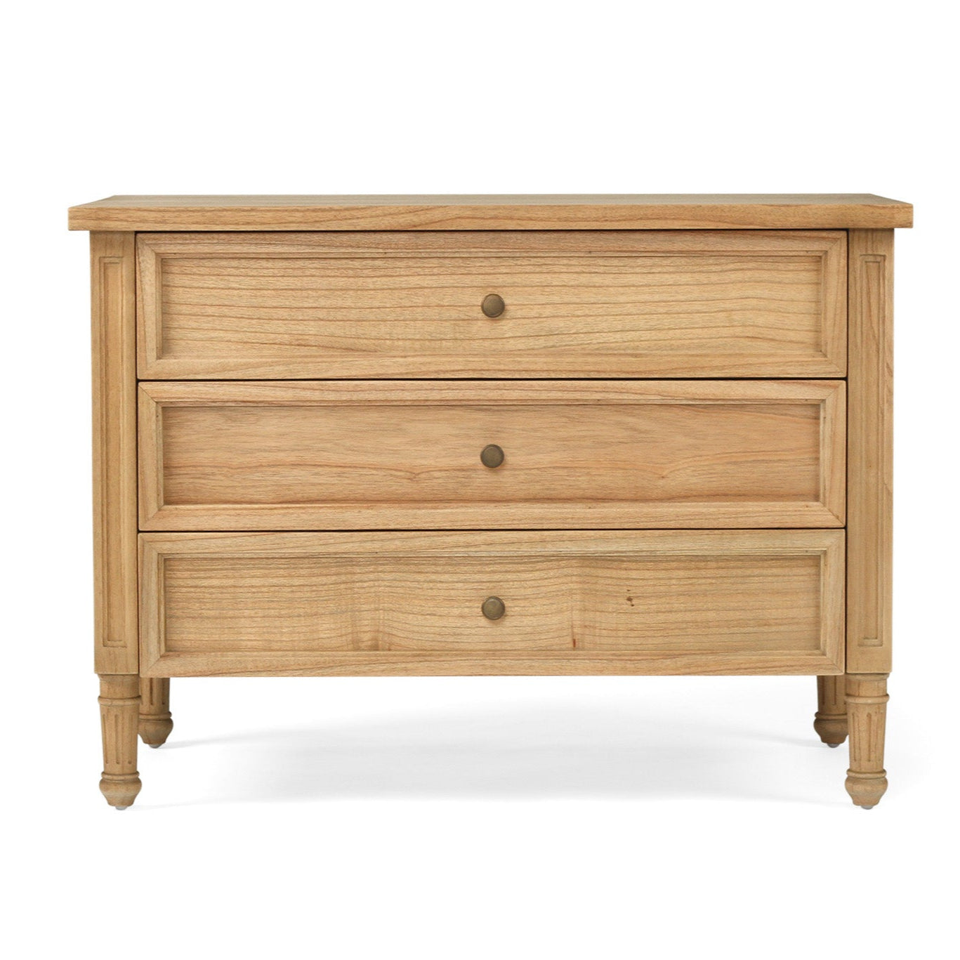 Whitsunday 3 Drawer Wide Nightstand in weathered oak, solid hardwood bedside table with three drawers, coastal bedroom furniture with timeless beachside charm.