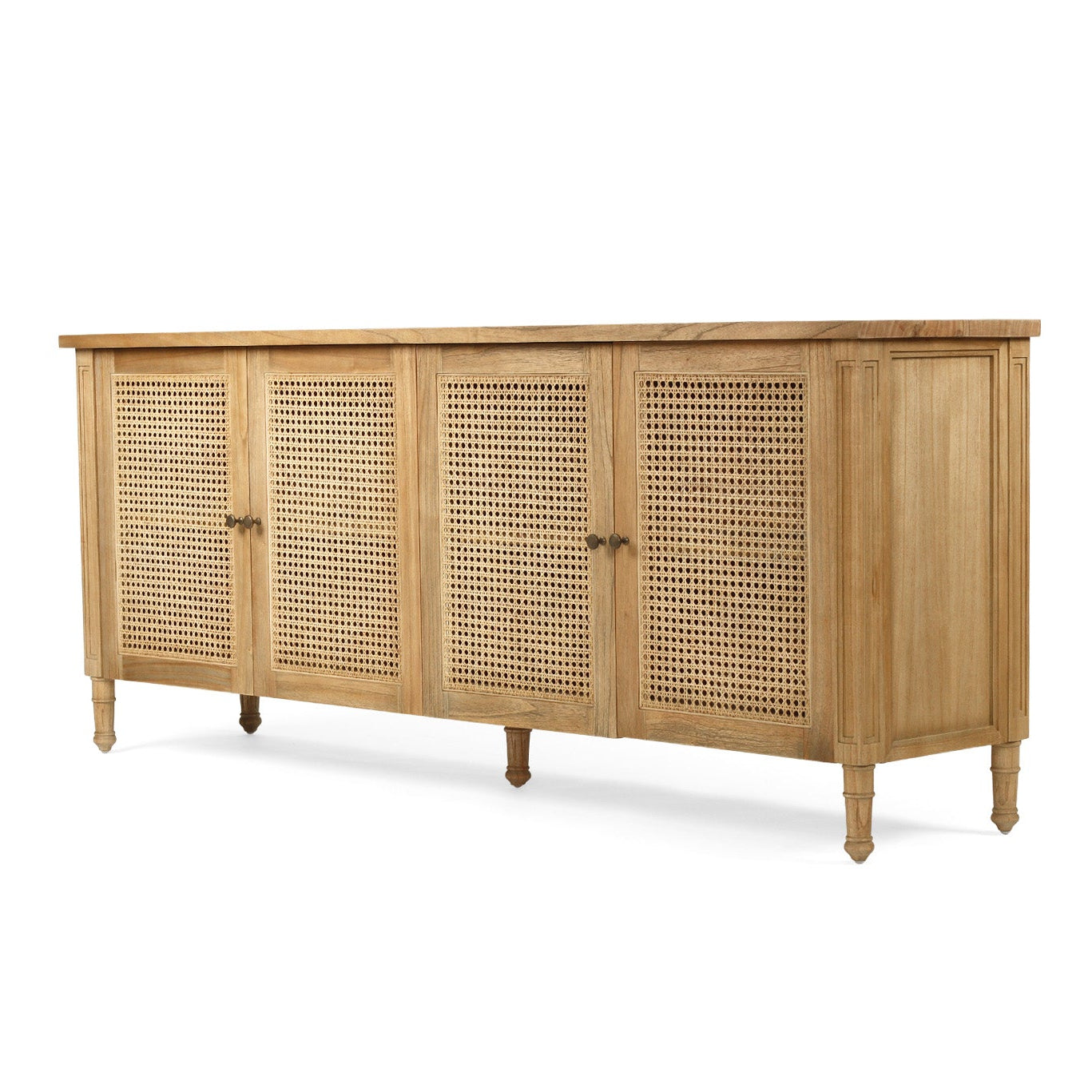 Weathered oak rattan sideboard angled view showing four door design and timber frame