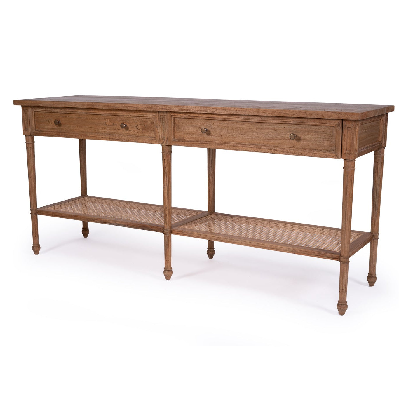 Whitsunday wide console table 185cm in white cedar with rattan shelf and drawers, weathered oak finish. Front angle perspective.