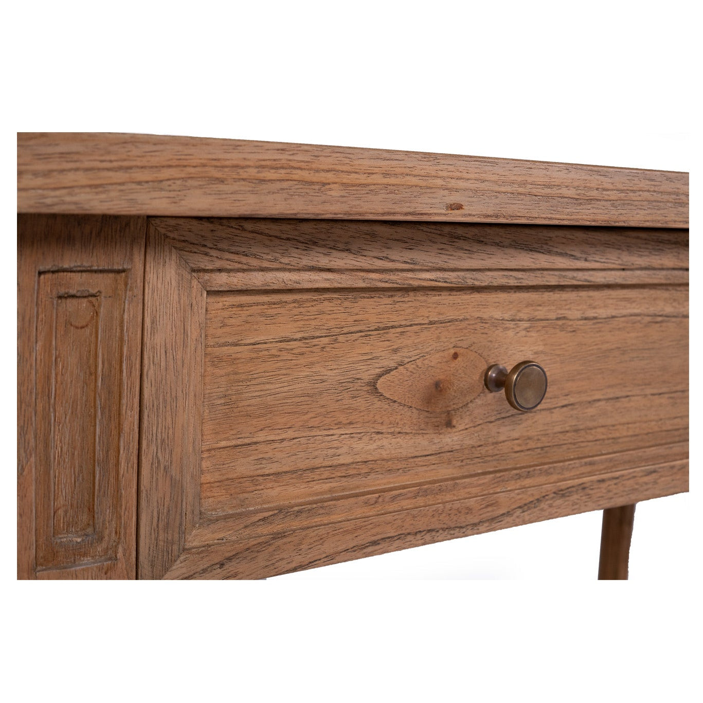 Whitsunday wide console table 185cm in white cedar with rattan shelf and drawers, weathered oak finish. Drawer detail.