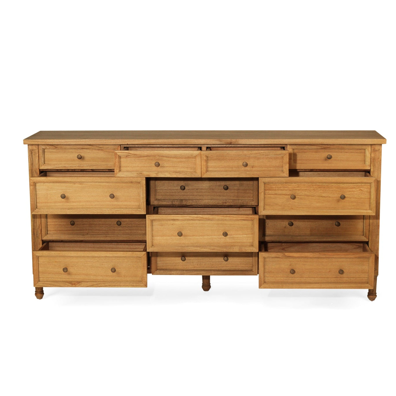Whitsunday 13 Drawer Dresser in weathered oak, solid white cedar timber bedroom furniture with coastal style. Drawers open.