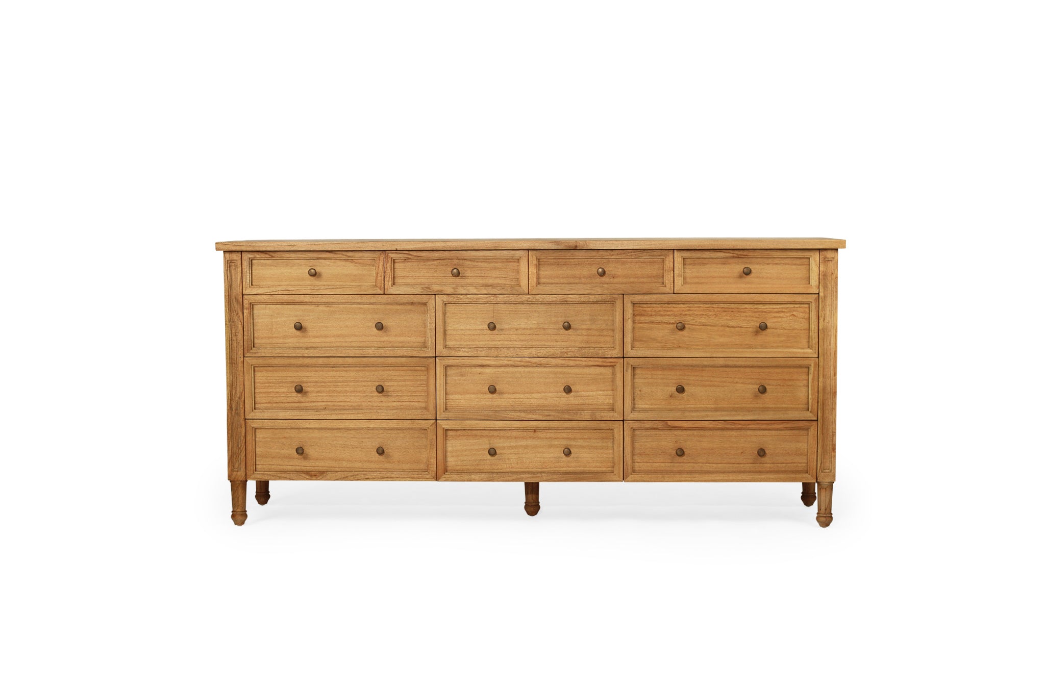 Whitsunday 13 Drawer Dresser in weathered oak, solid white cedar timber bedroom furniture with coastal style. Front perspective.