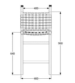 Technical drawing of a leather woven counterstool with dimensions.