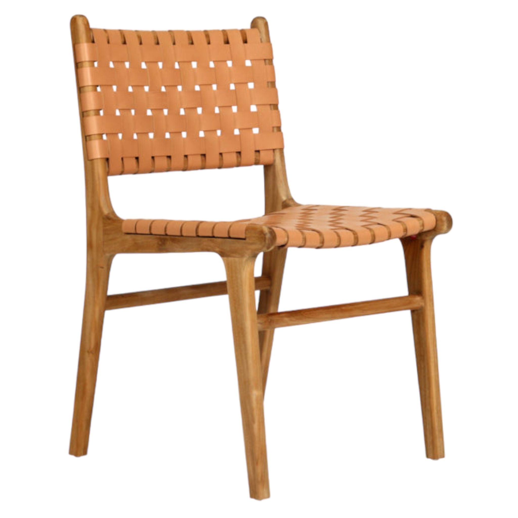 Dining chair with natural woven leather straps and sleek modern design, crafted for style and comfort. Magnolia Lane
