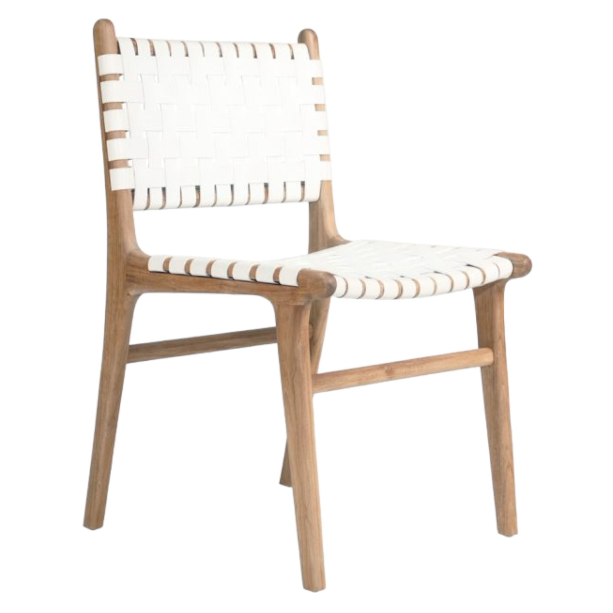Dining chair with white woven leather straps and sleek modern design, crafted for style and comfort. Magnolia Lane