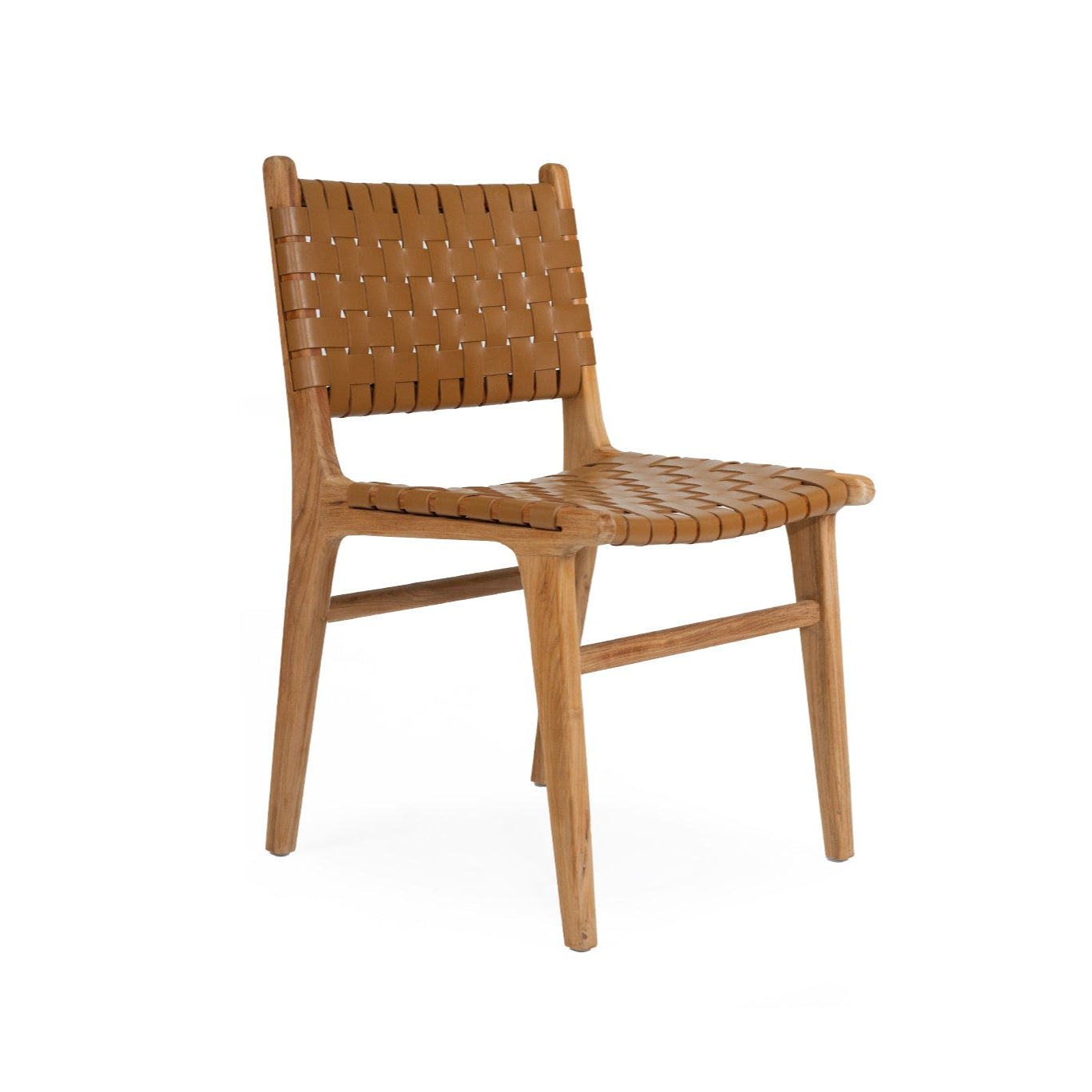 Dining chair with woven leather straps and sleek modern design, crafted for style and comfort. Magnolia Lane